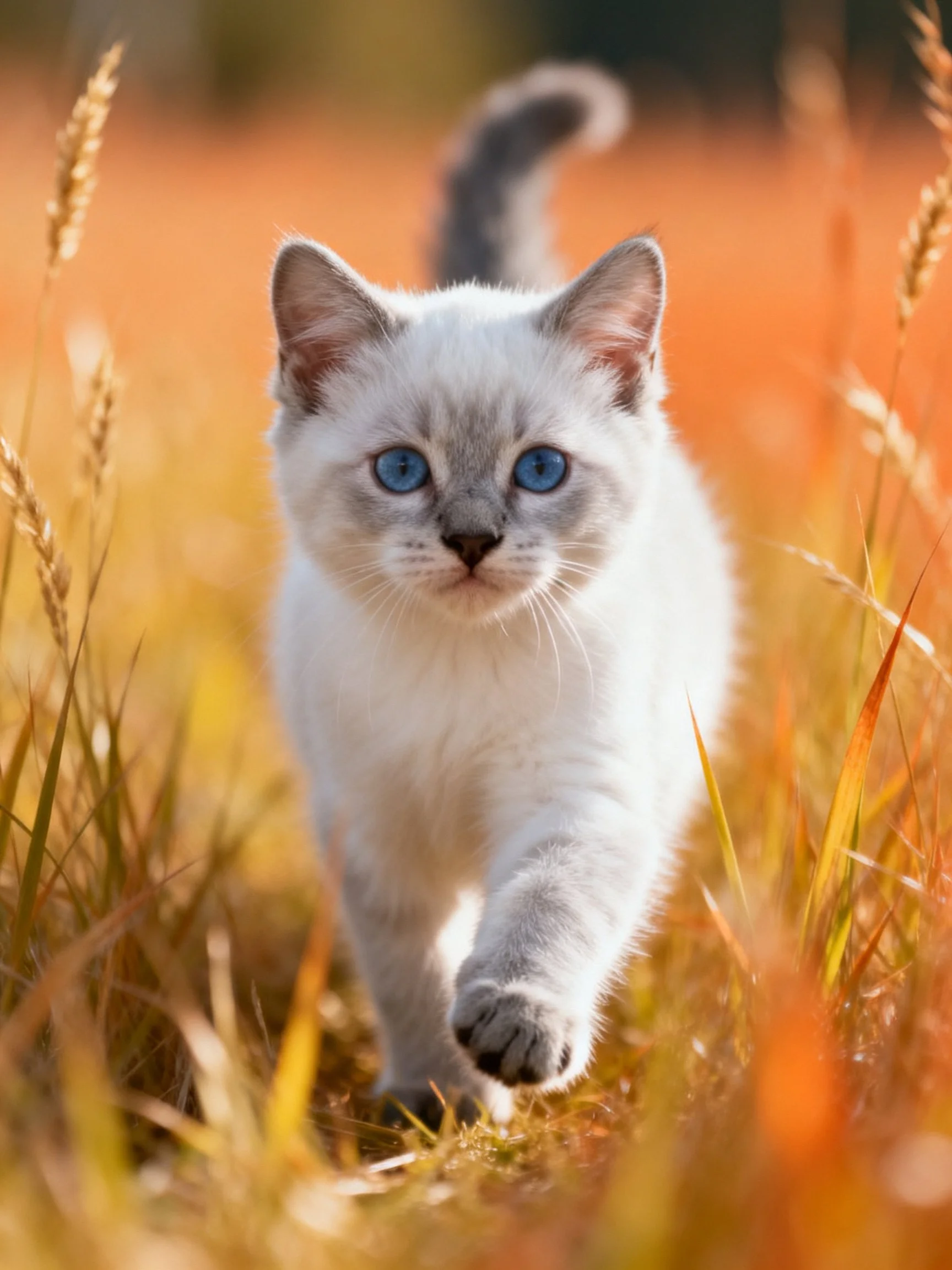 A small white kitten with blue eyes walks through golden grass.
