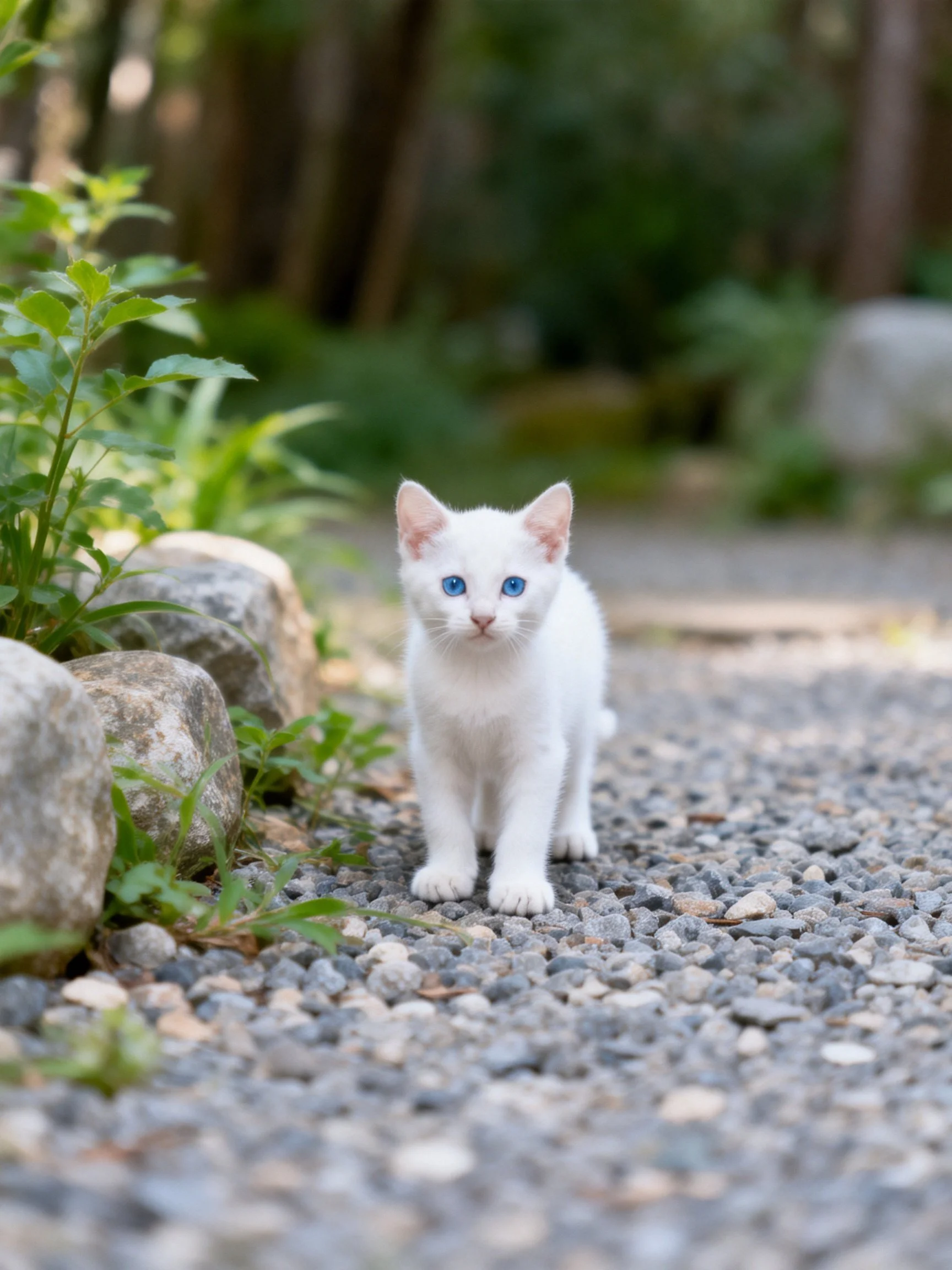 A small white kitten with blue eyes stands on a gravel path near rocks and greenery.