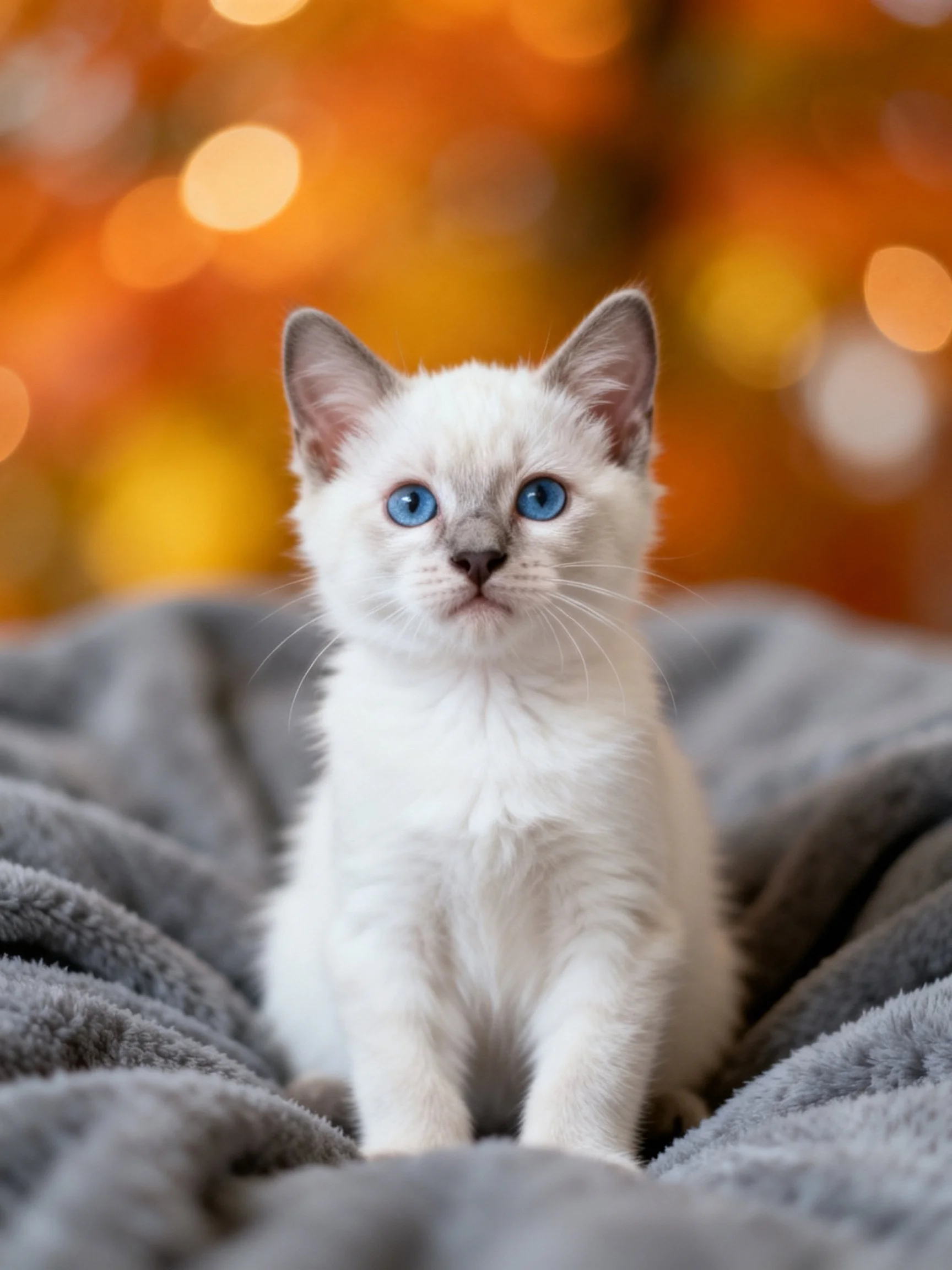 A small white kitten with blue eyes rests on a soft gray blanket surrounded by warm, out-of-focus lights.