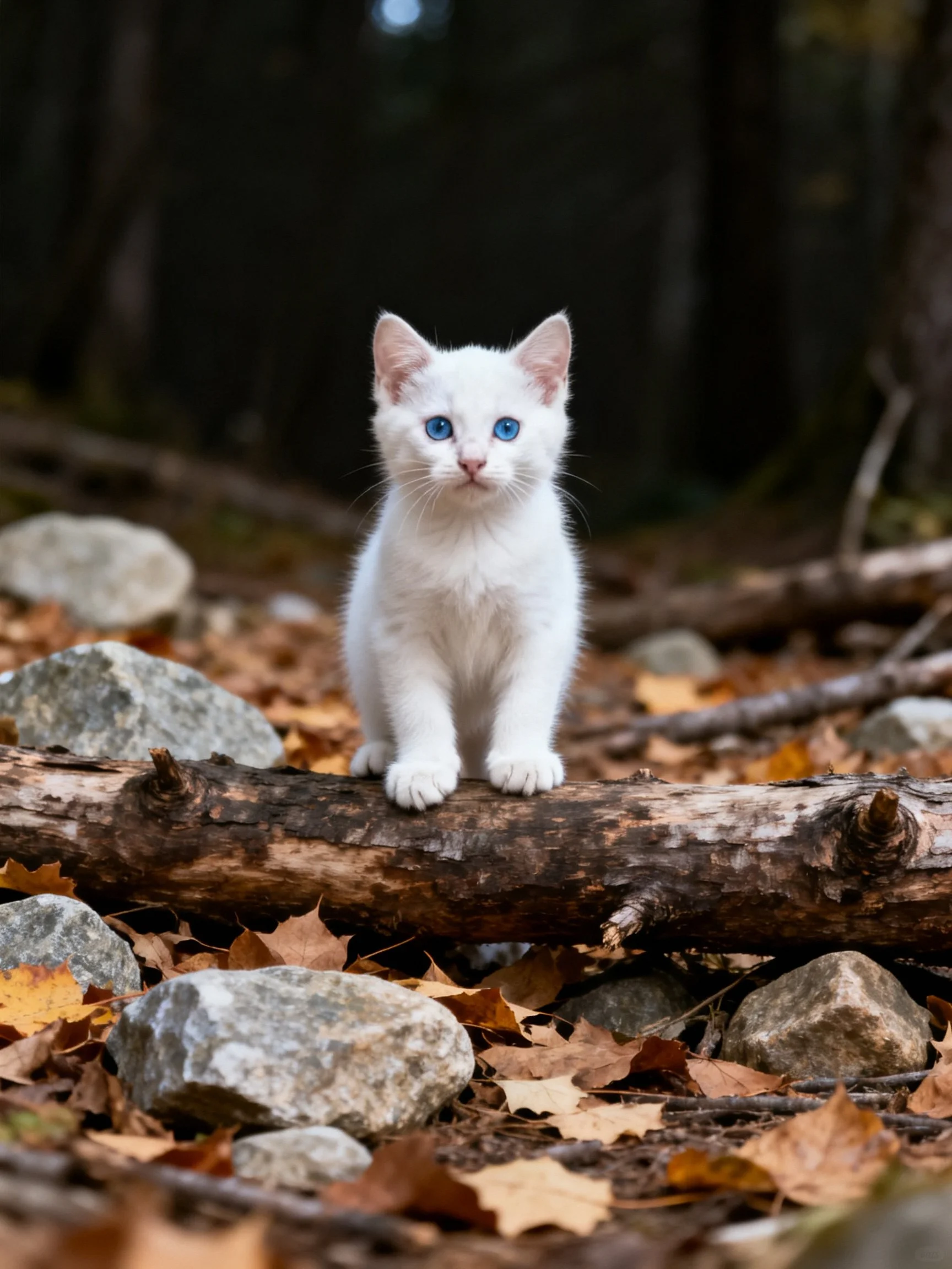 A white kitten with blue eyes stands on a log surrounded by rocks and fallen leaves.