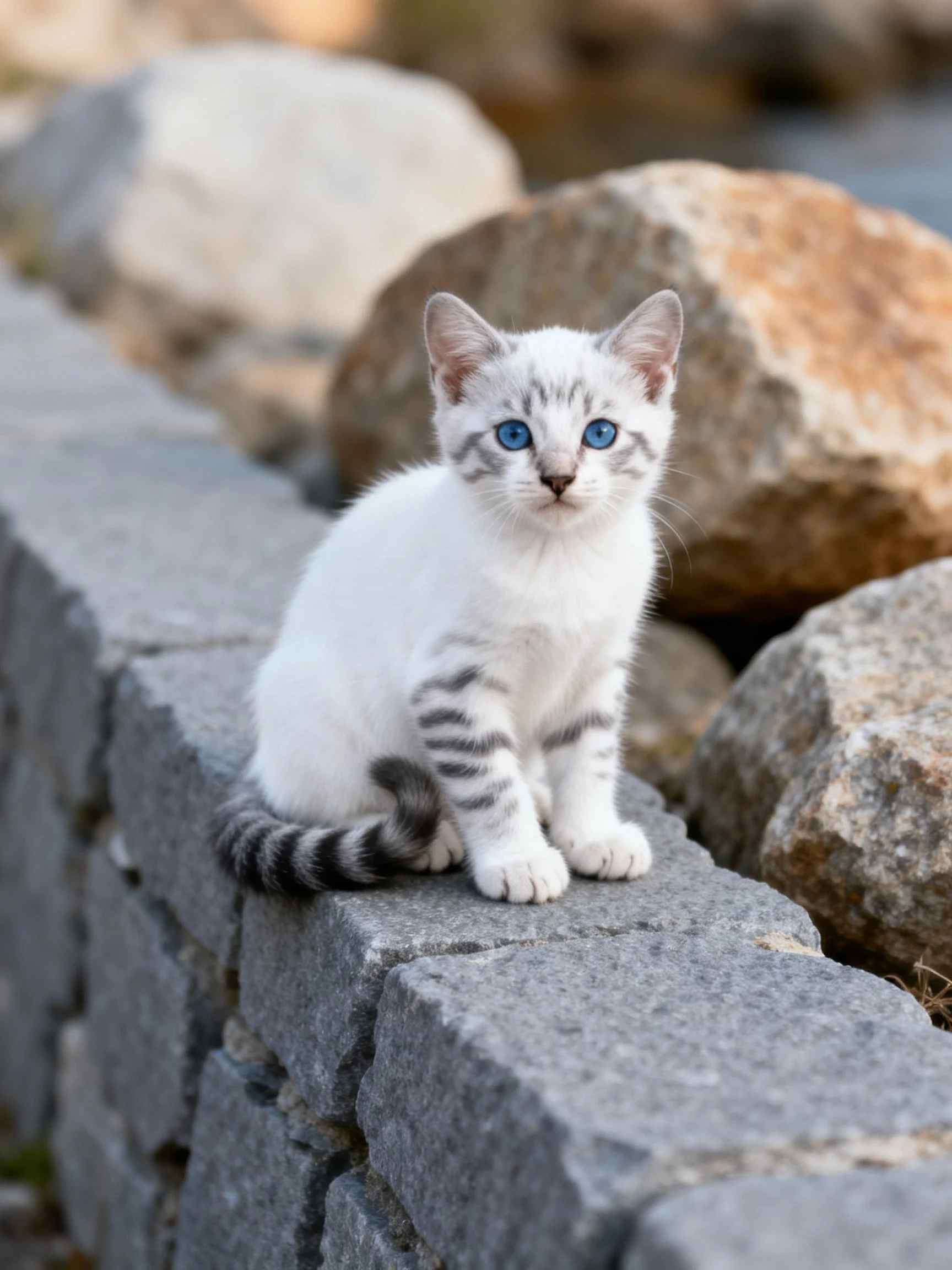 A small white kitten with blue eyes sits on a stone wall near rocks.