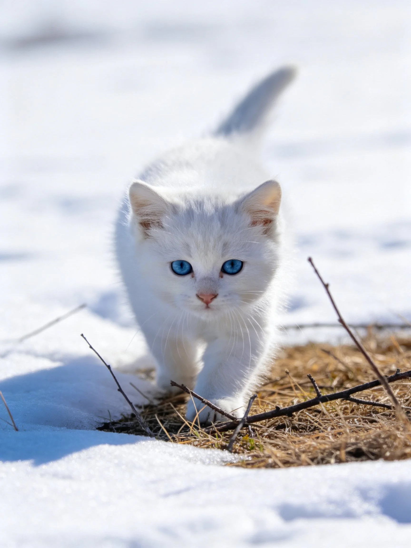 A white kitten with blue eyes explores snowy terrain near twigs