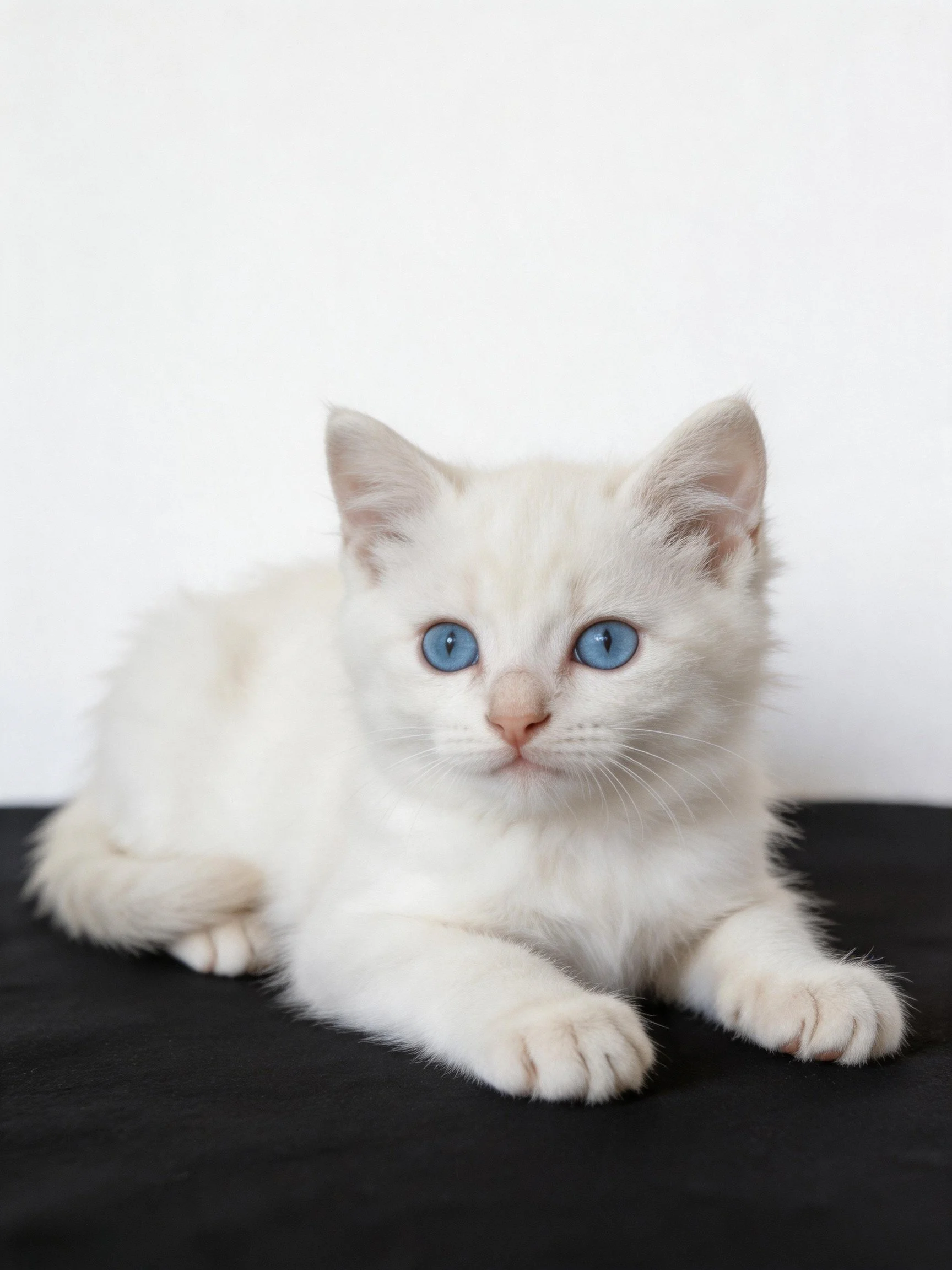 A small white kitten with bright blue eyes lies calmly