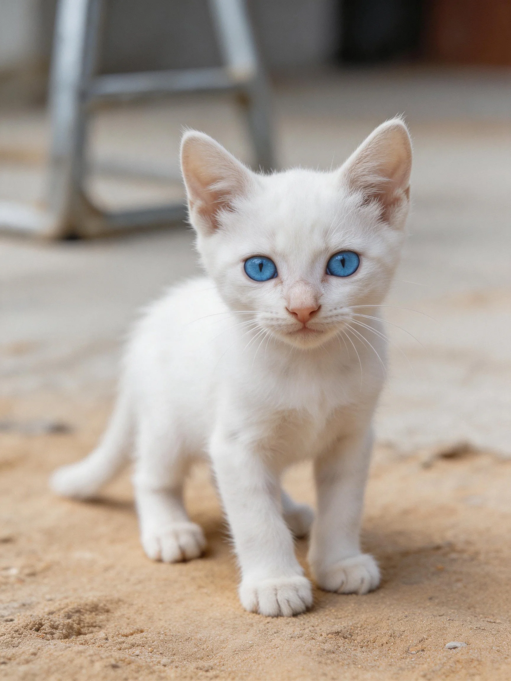 A small white kitten with bright blue eyes stands on sandy ground near a metal structure.