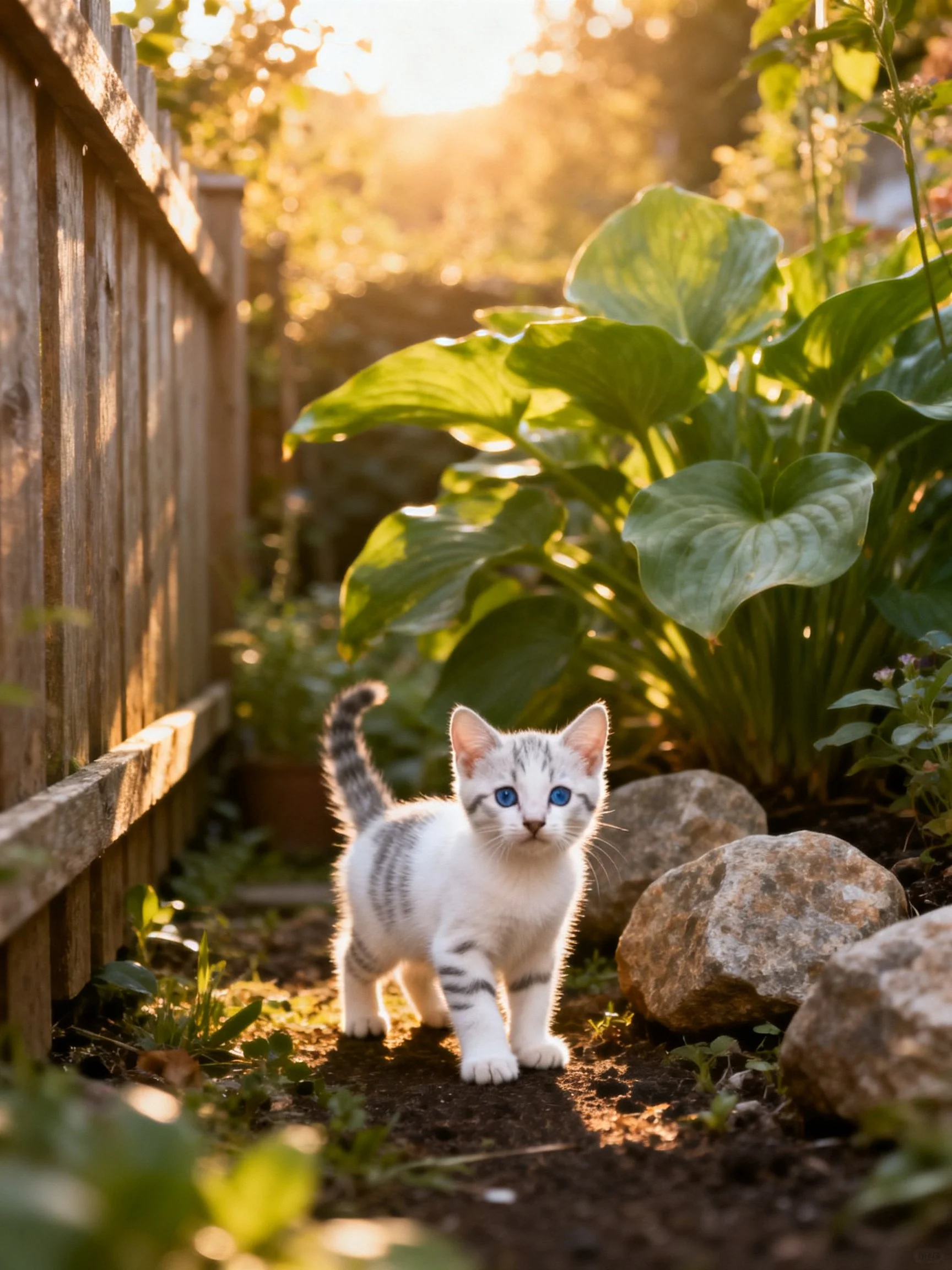 A small white tabby kitten explores a sunlit garden path