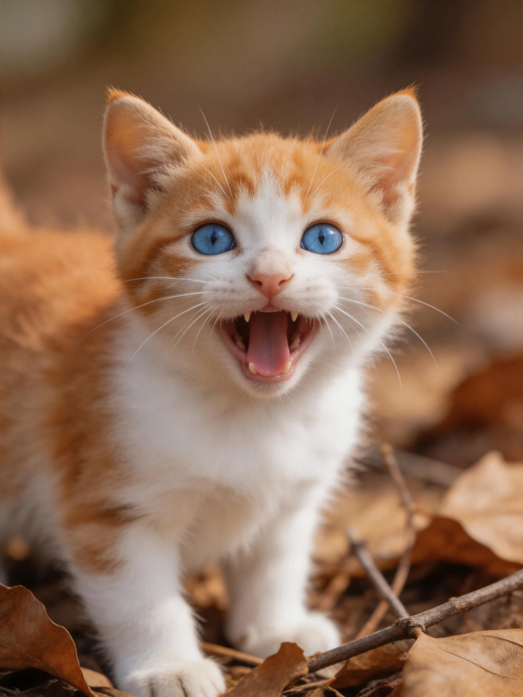 A small orange and white kitten with bright blue eyes stands among dry autumn leaves.
