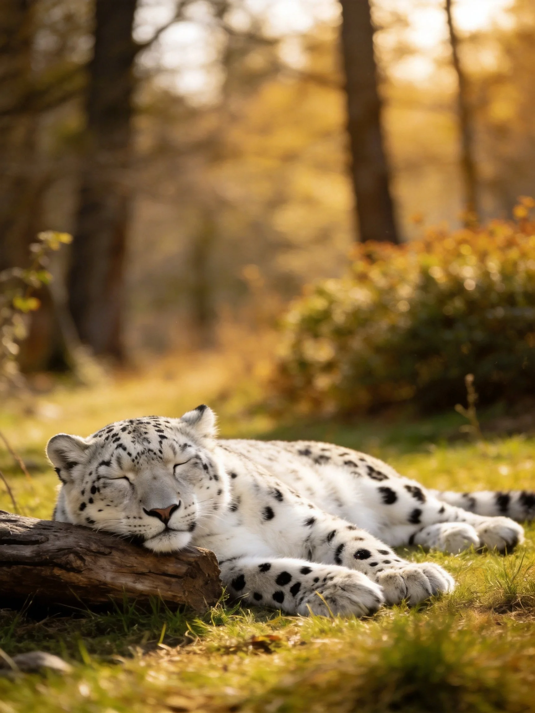 A snow leopard sleeps beside a log in a sunlit forest.