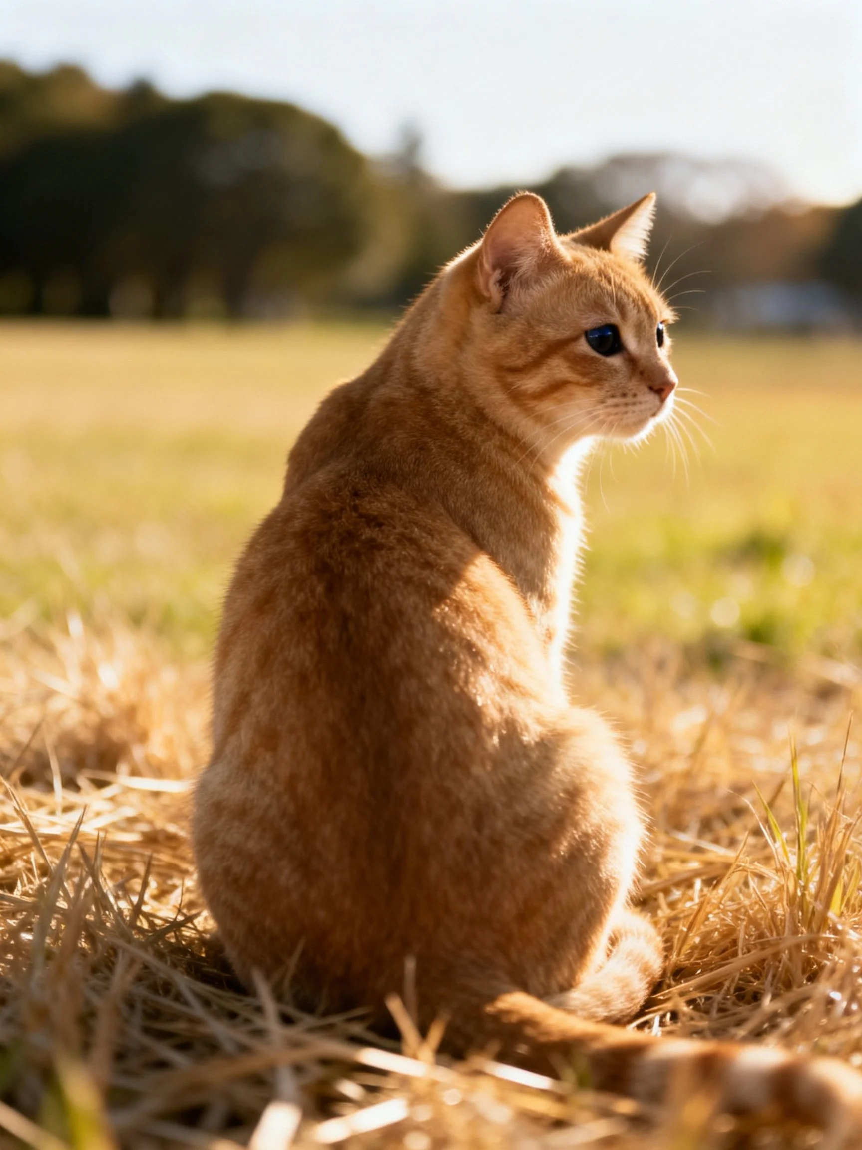 An orange cat sits peacefully in a sunlit grassy field with distant trees.