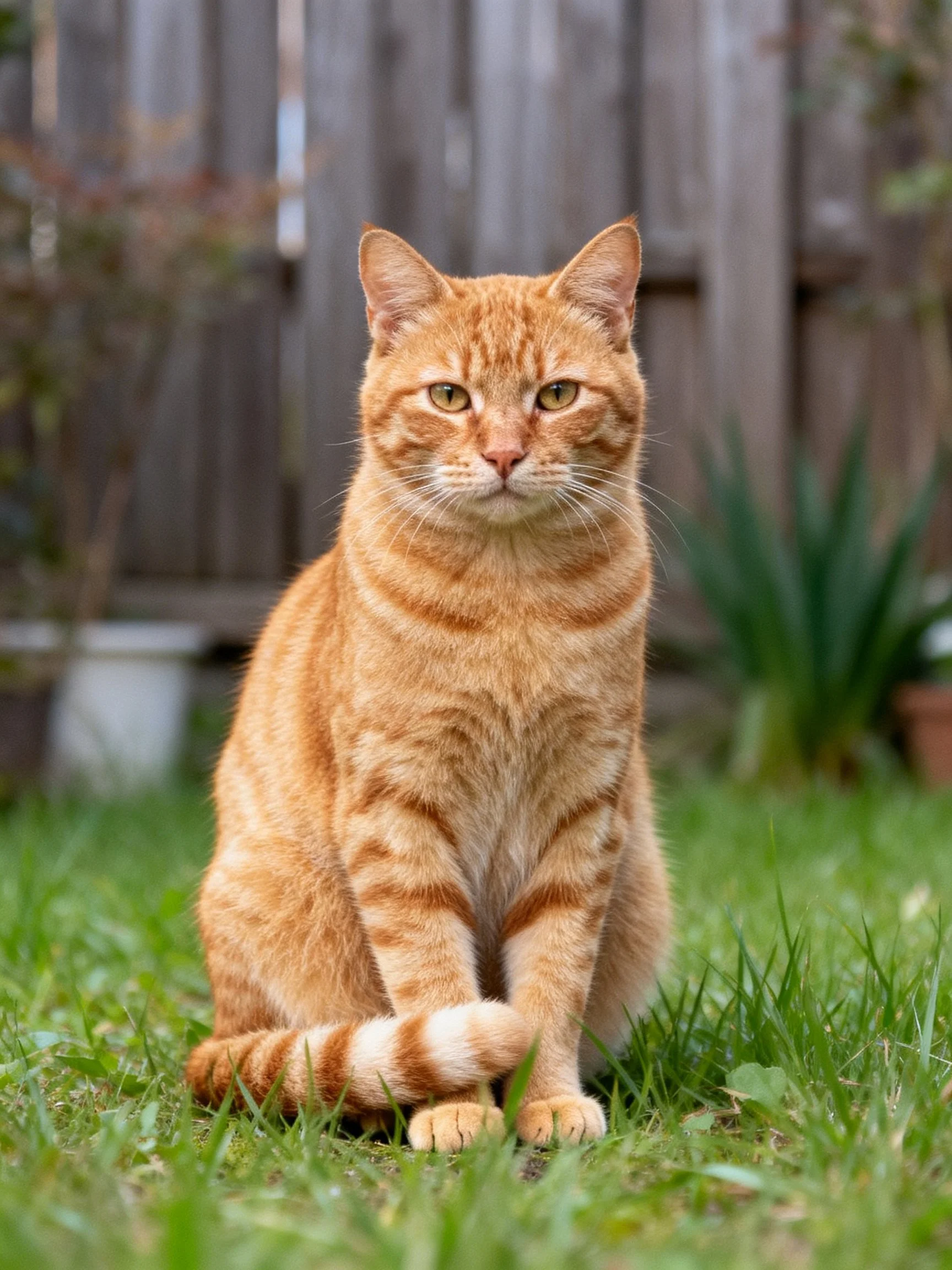 An orange tabby cat sits calmly on grass beside a wooden fence.