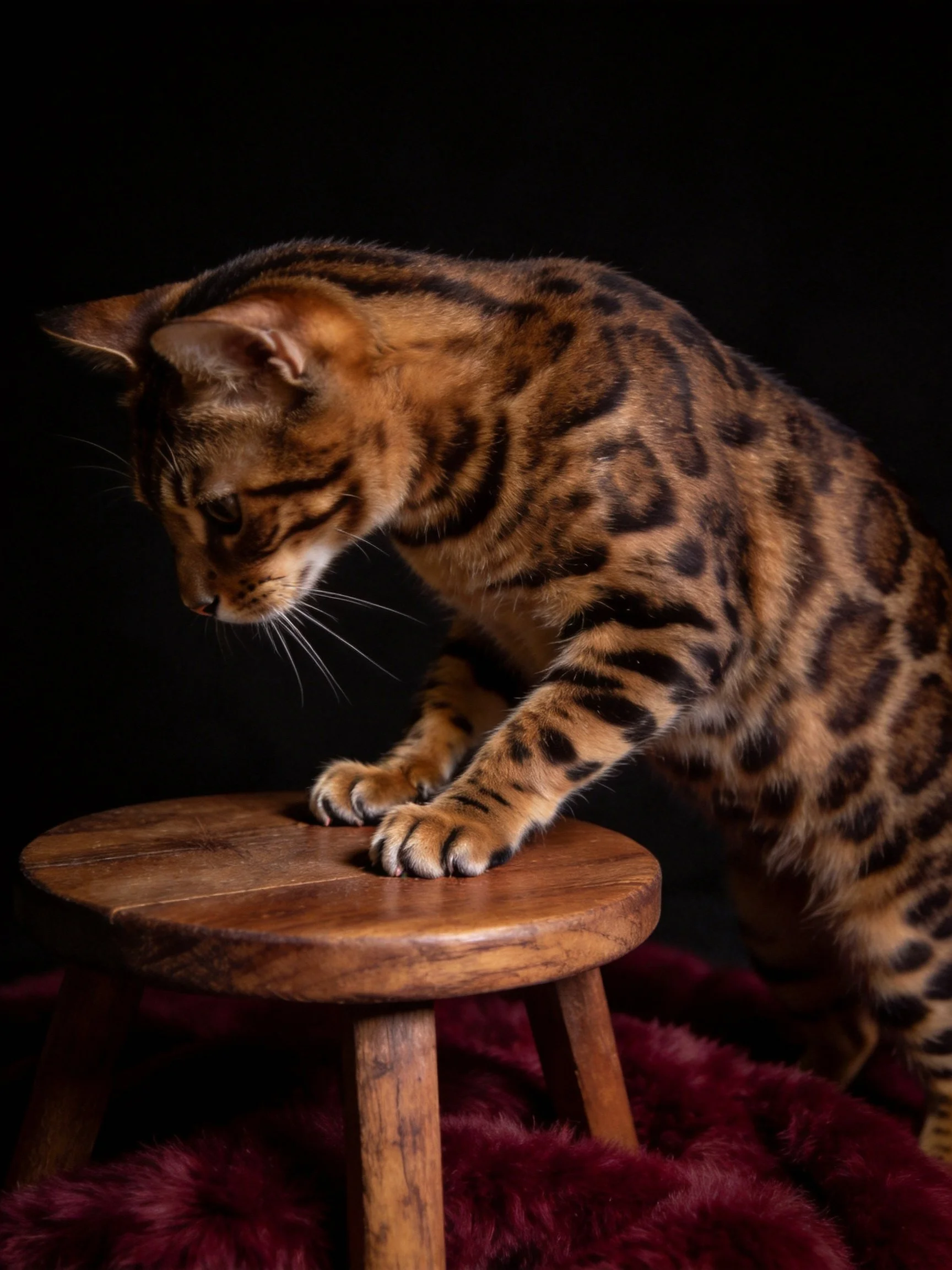 A spotted Bengal cat balances on a small wooden stool