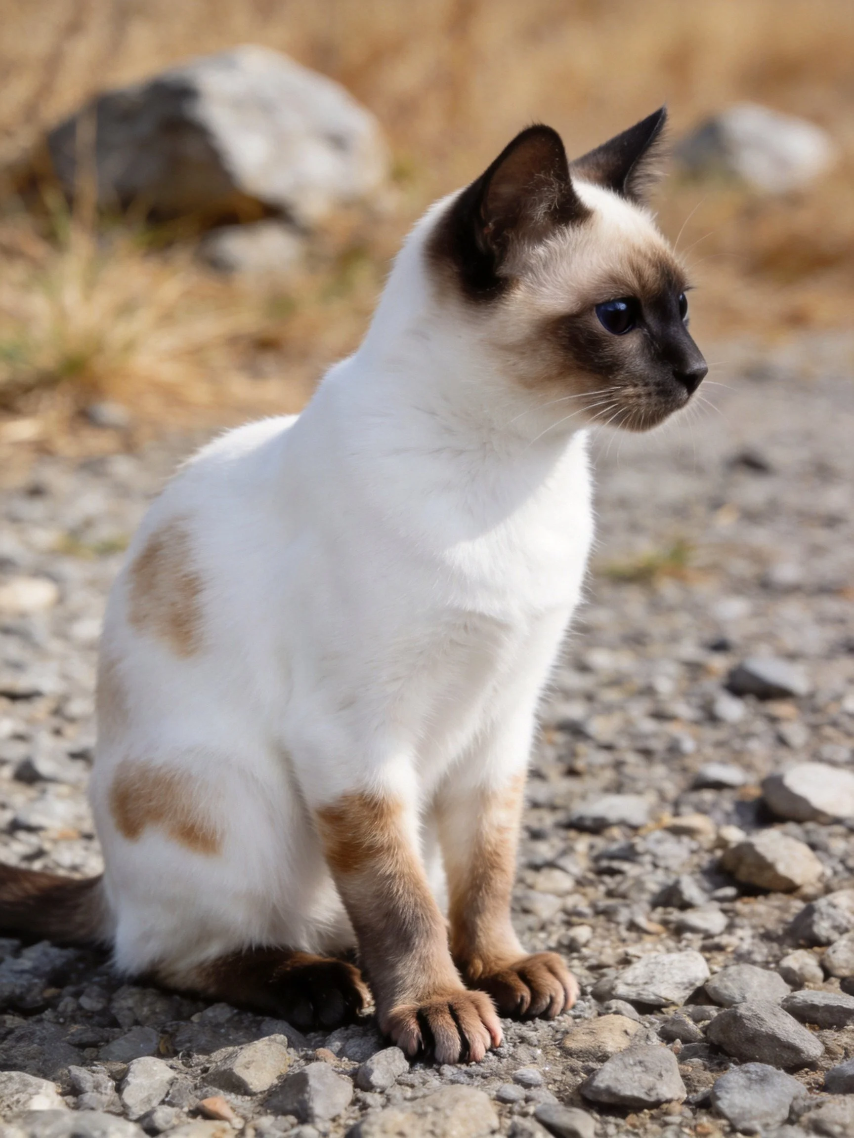 A spotted cat sits on gravel outdoors