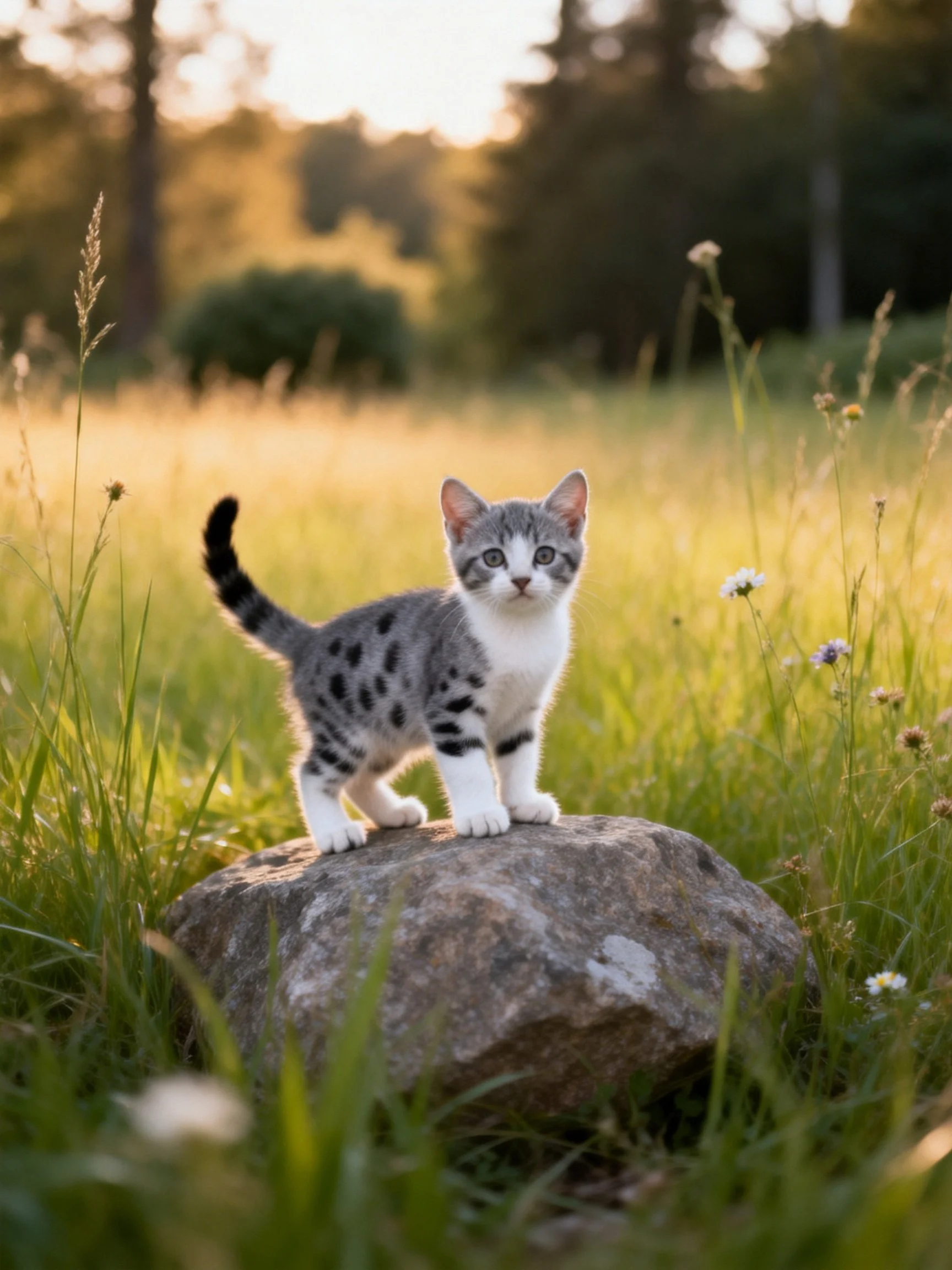 A spotted kitten stands on a rock amid tall grass in a sunlit outdoor setting.