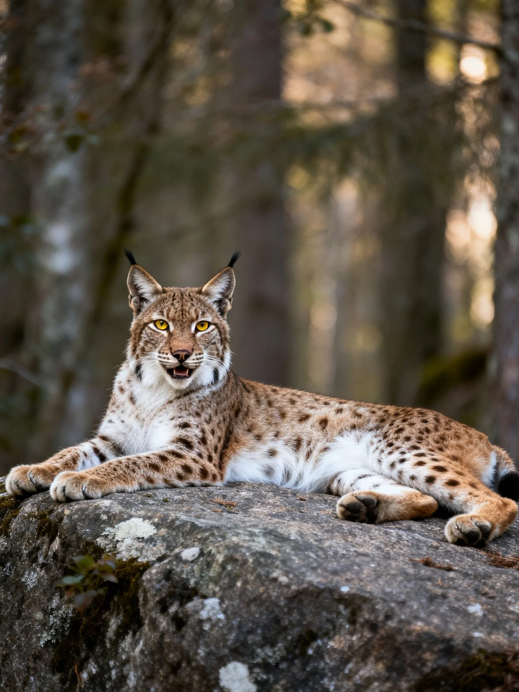 A spotted lynx rests on a mossy rock amid a sun-dappled forest