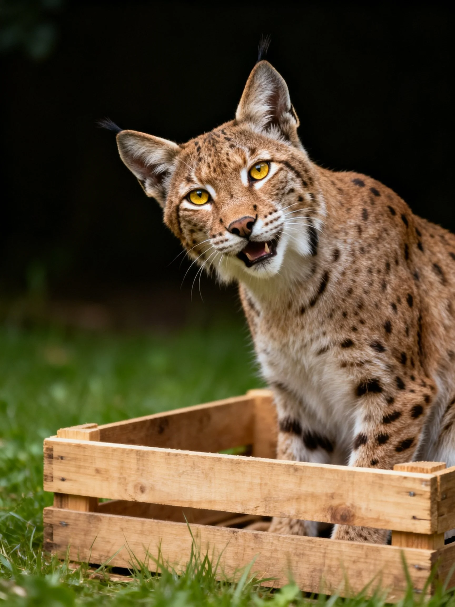 A spotted lynx sits in a wooden crate on green grass