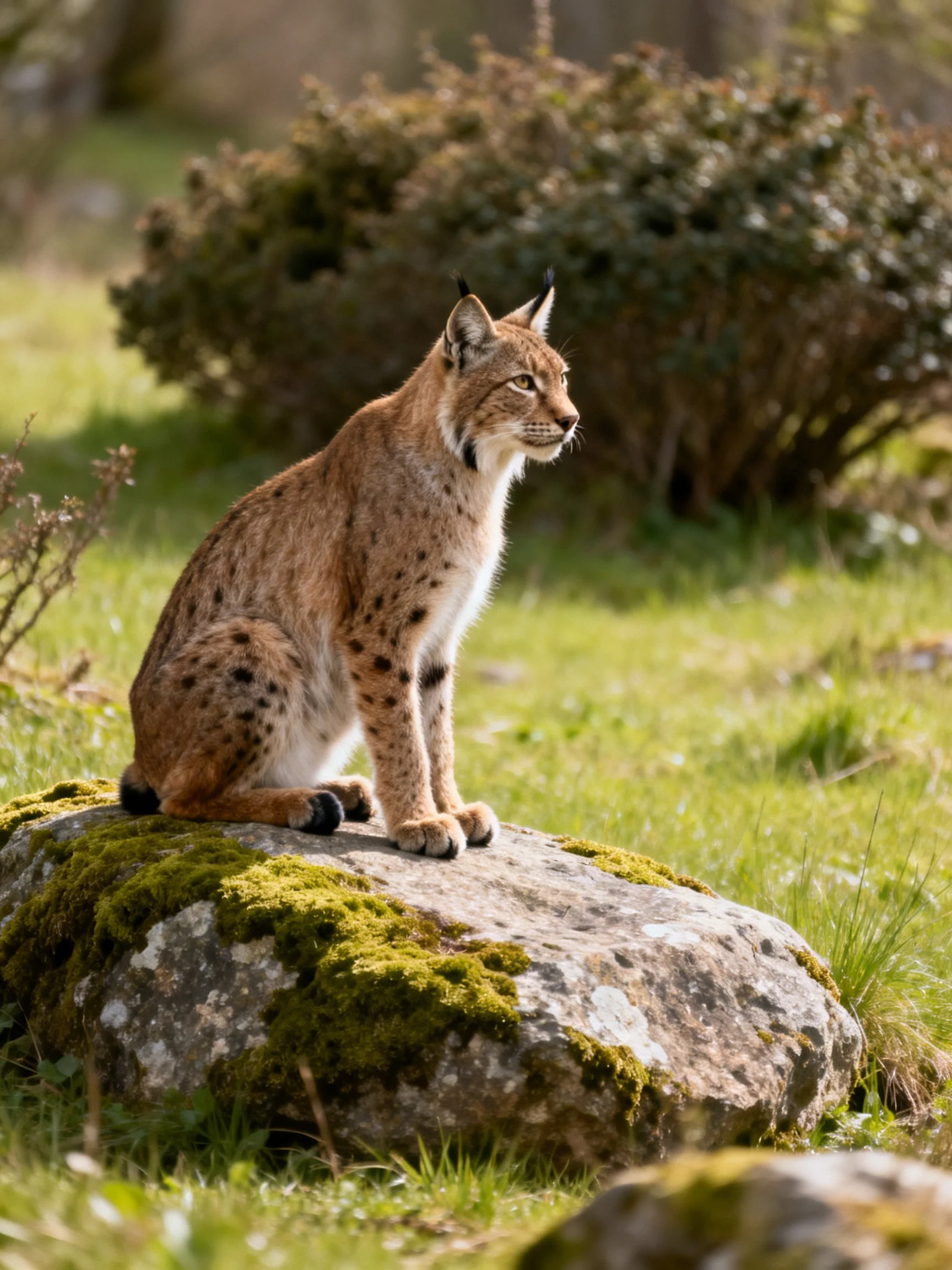 A spotted lynx sits on a mossy rock in a sunlit meadow