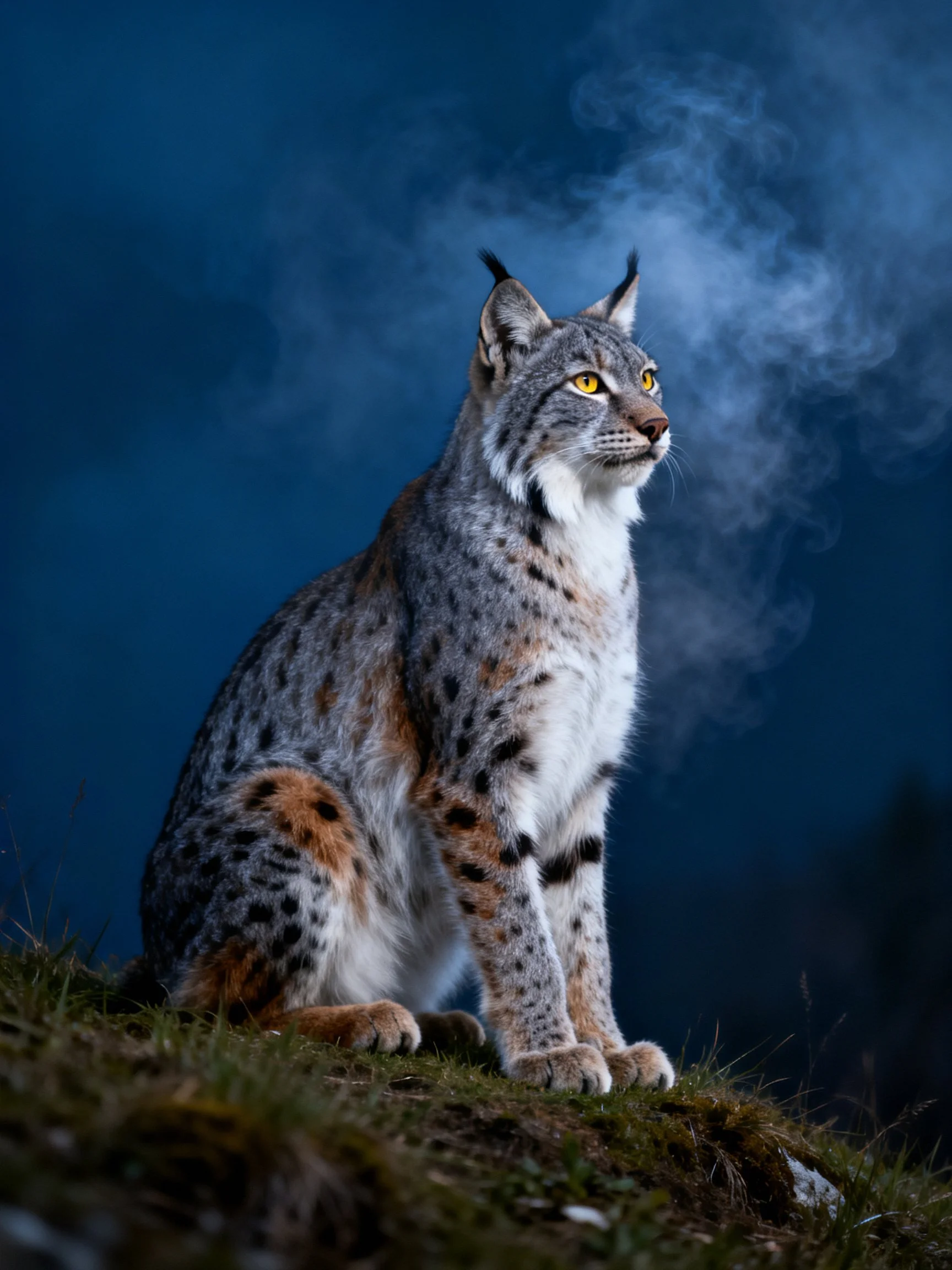 A spotted lynx sits on mossy ground against a dark blue night sky