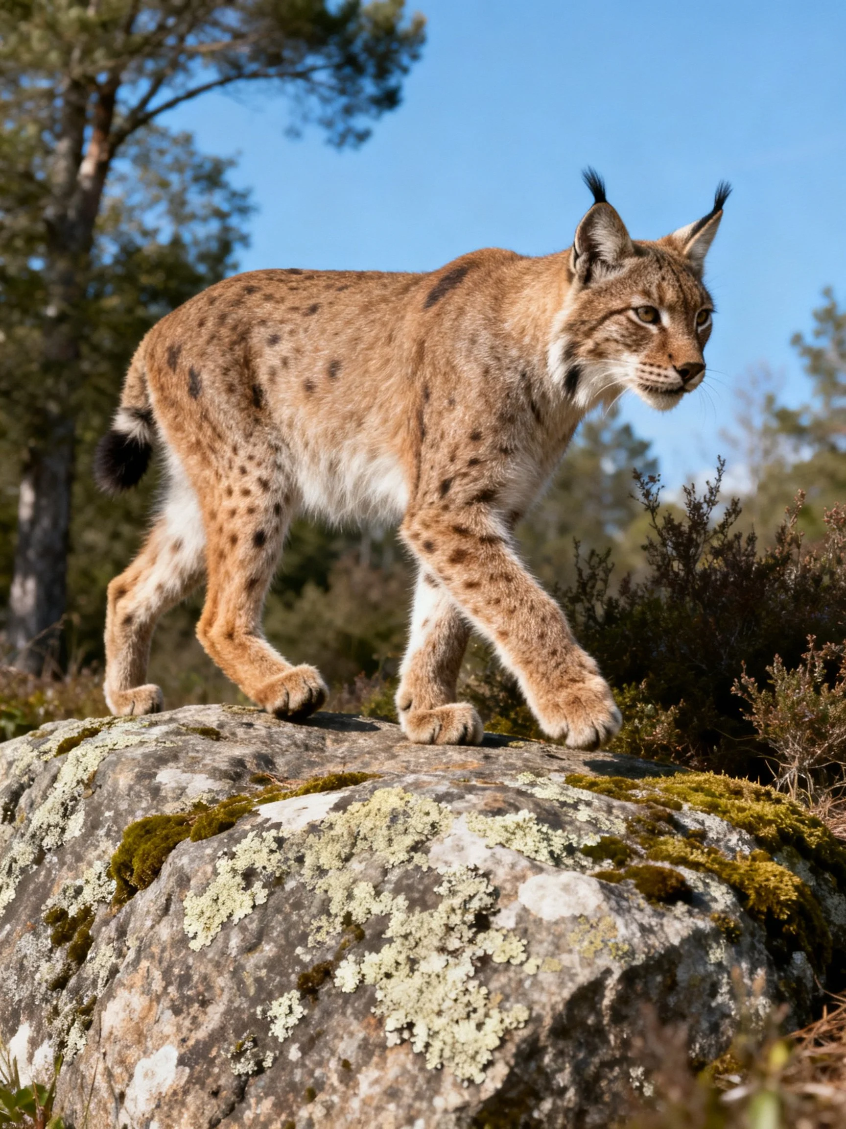 A spotted lynx walks on a mossy lichen-covered rock amid a forest landscape.