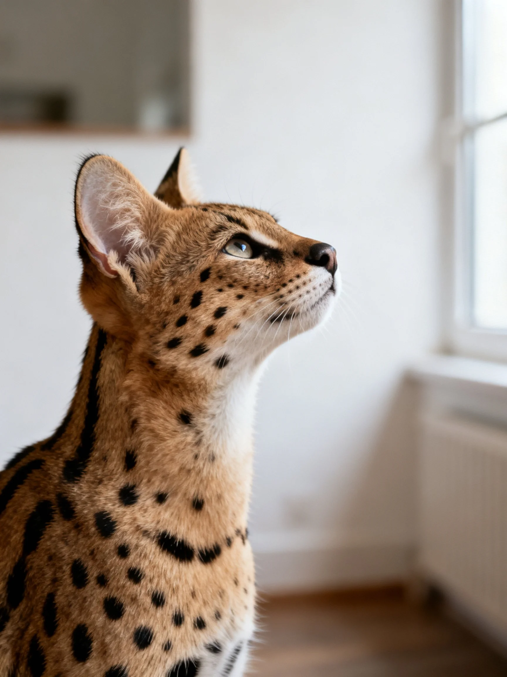 A spotted serval cat gazes upward by a bright window