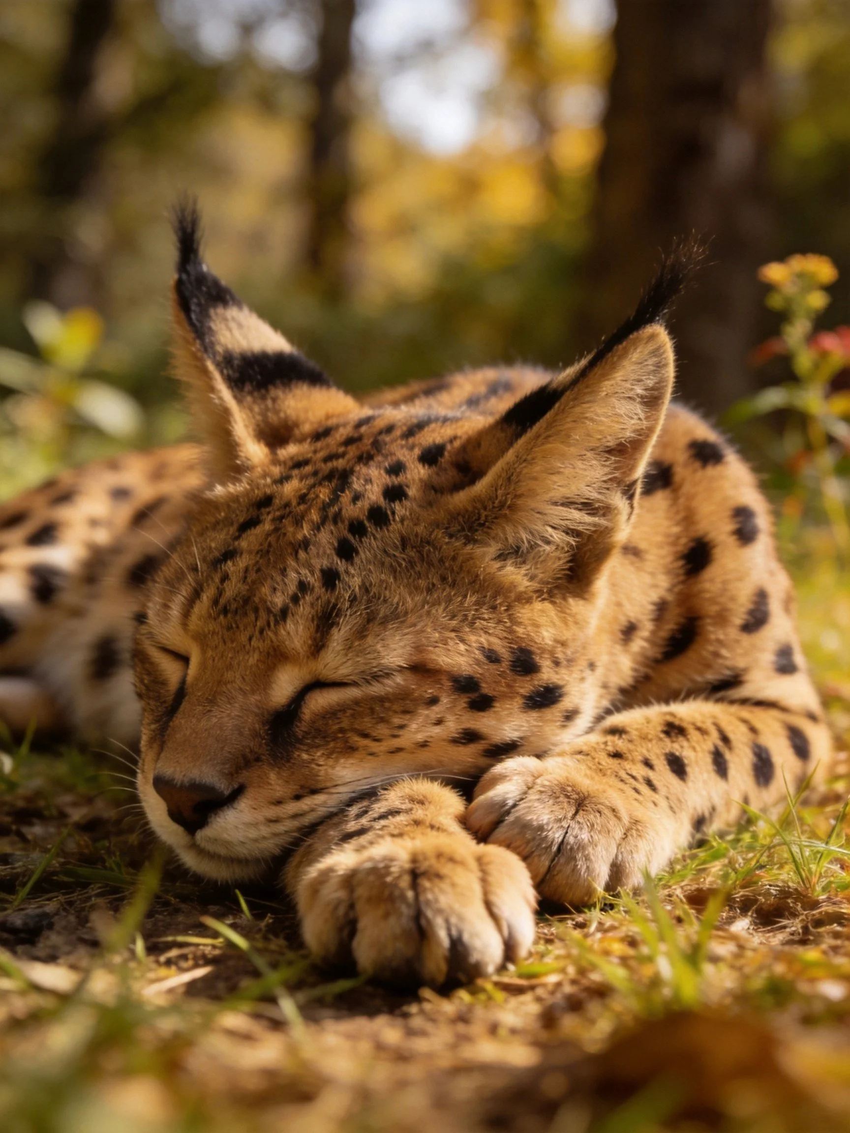 A spotted serval kitten rests in sunlit surroundings