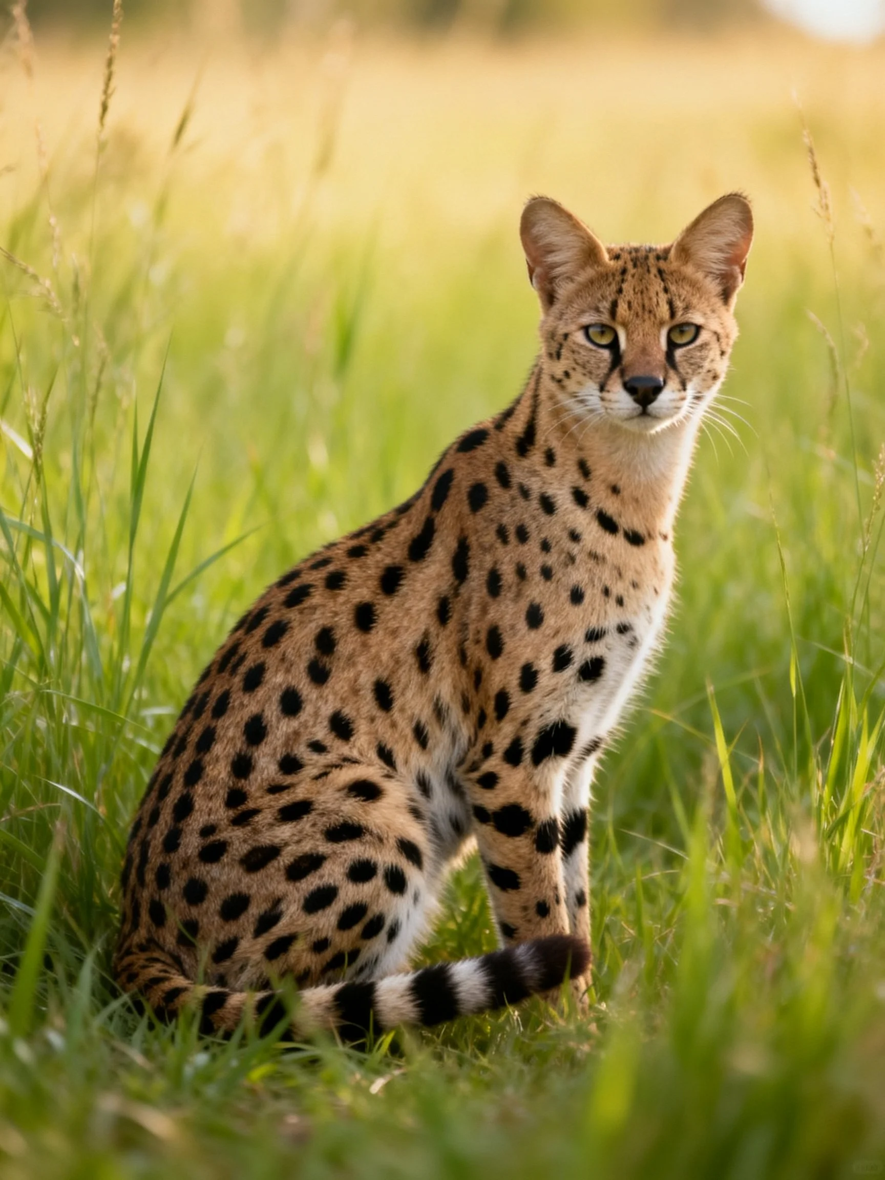 A spotted serval sits alertly amid tall green grasses