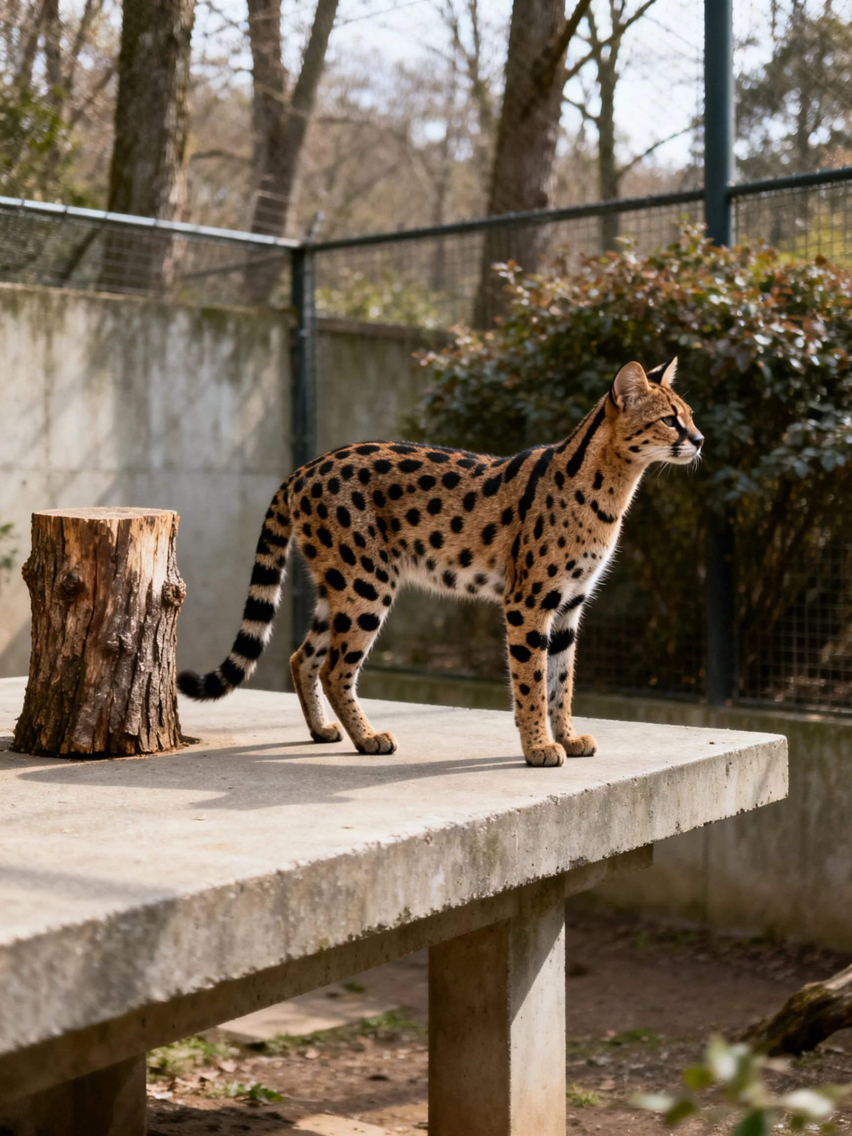 A spotted serval stands on a concrete platform beside a tree stump
