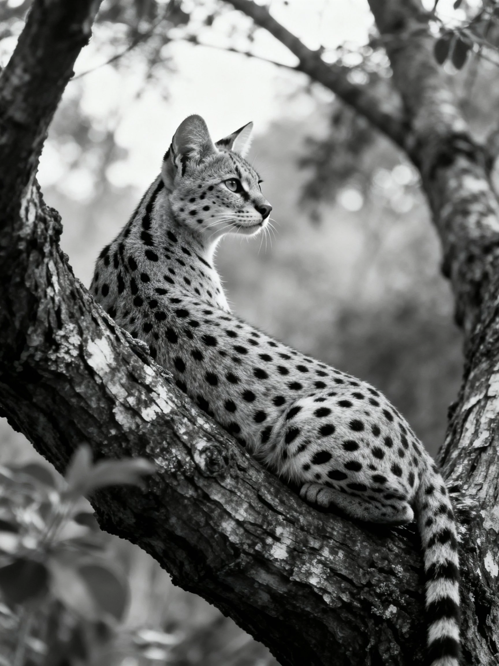 A spotted servaline genet perched on a gnarled tree branch
