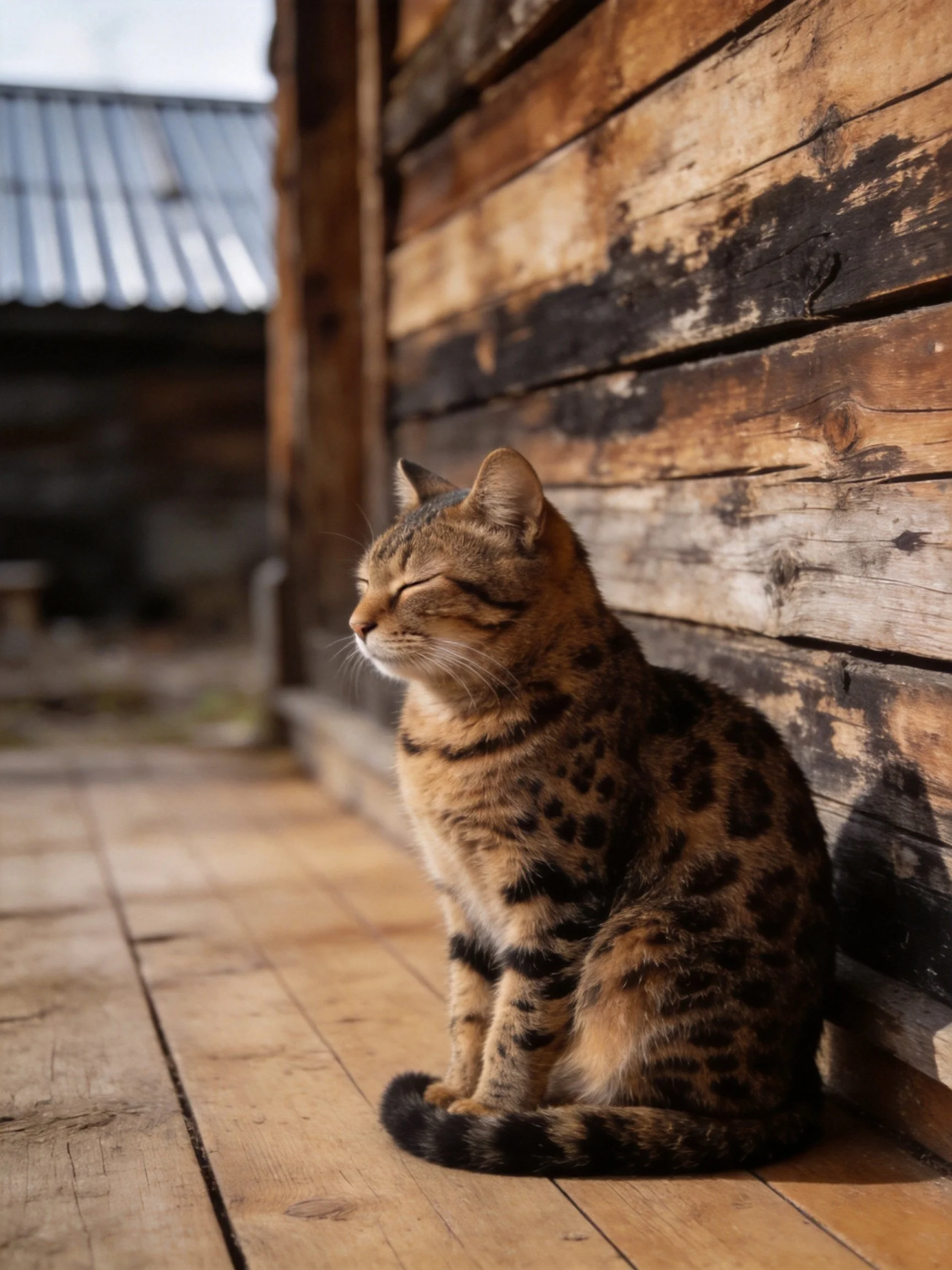 A spotted tabby cat rests against an aged wooden cabin wall
