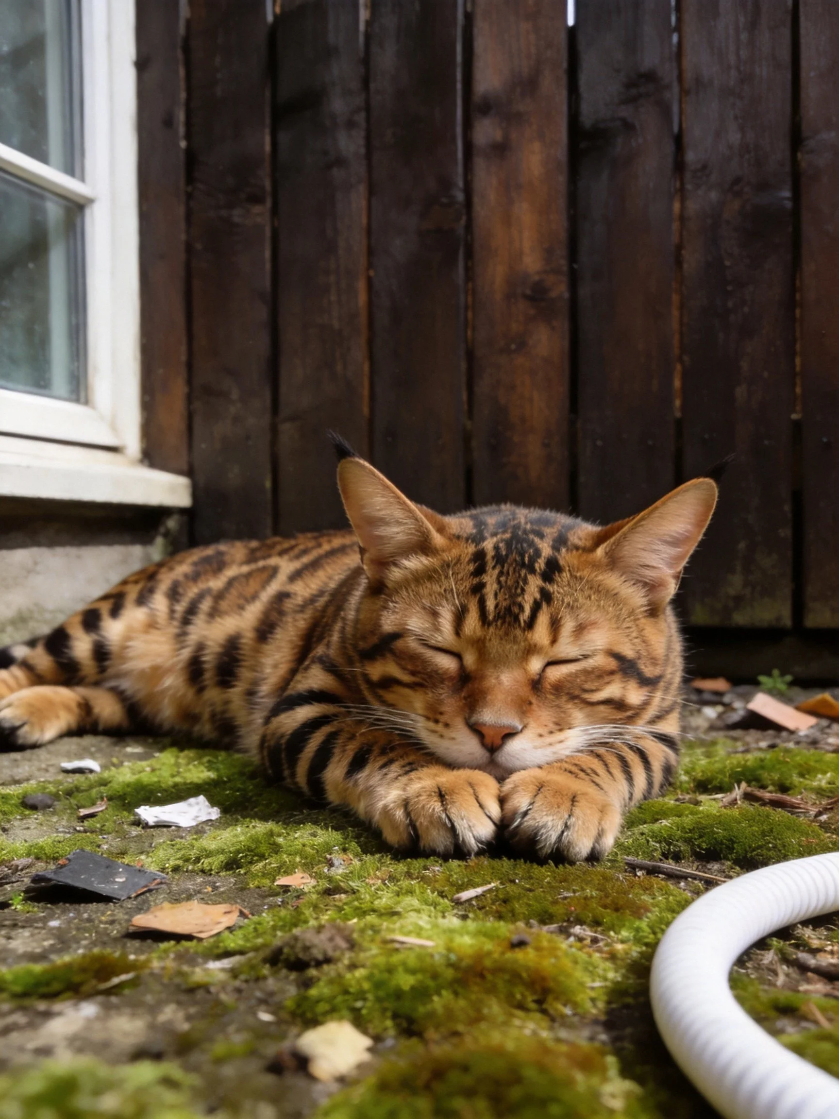 A spotted tabby cat rests on moss-covered ground by a wooden fence