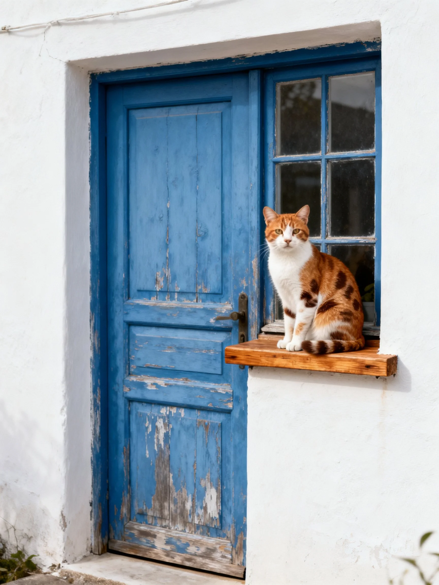 A spotted tabby cat sits on a wooden windowsill next to a weathered blue door