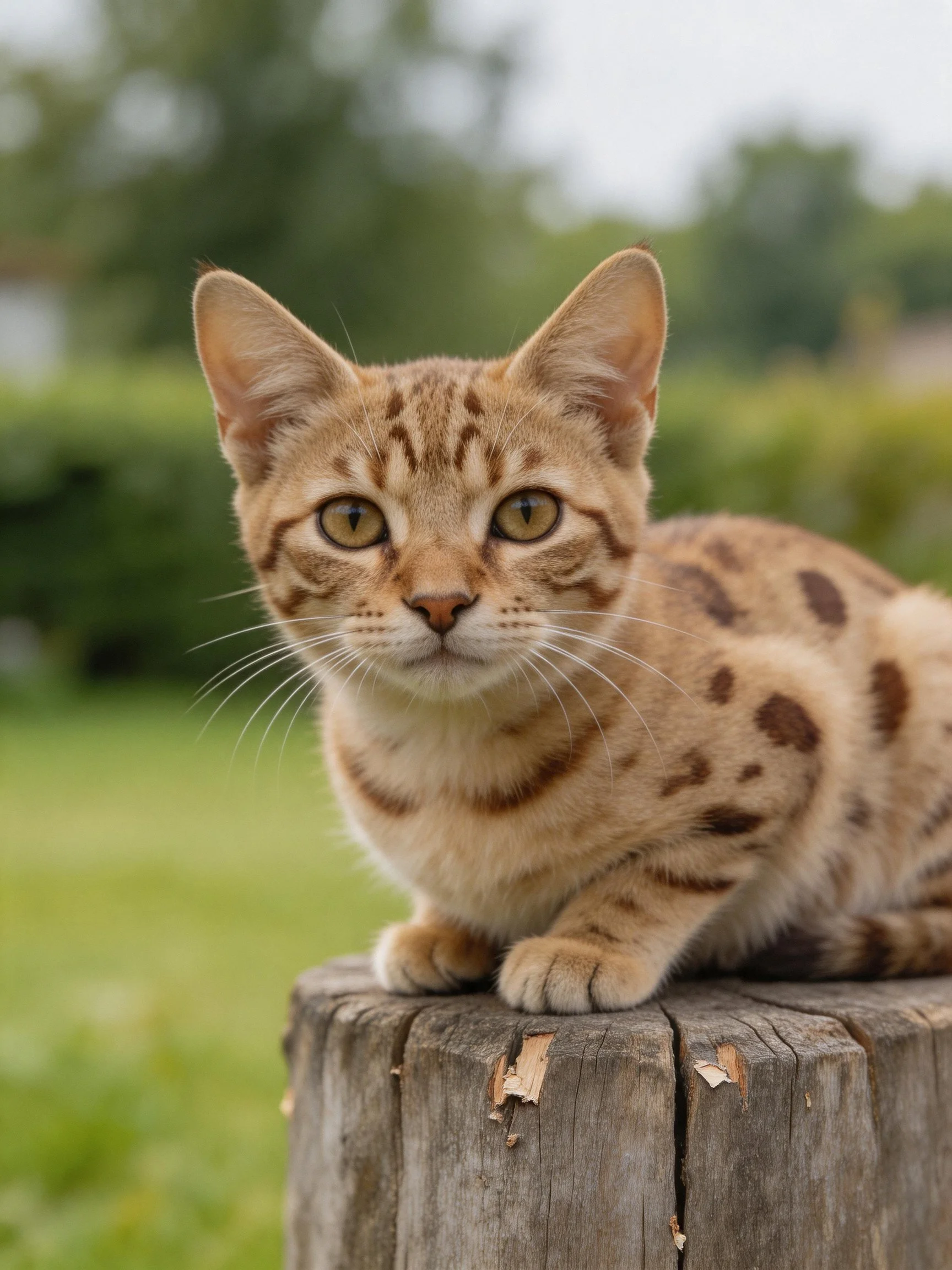 A spotted tabby kitten resting on a weathered wooden post