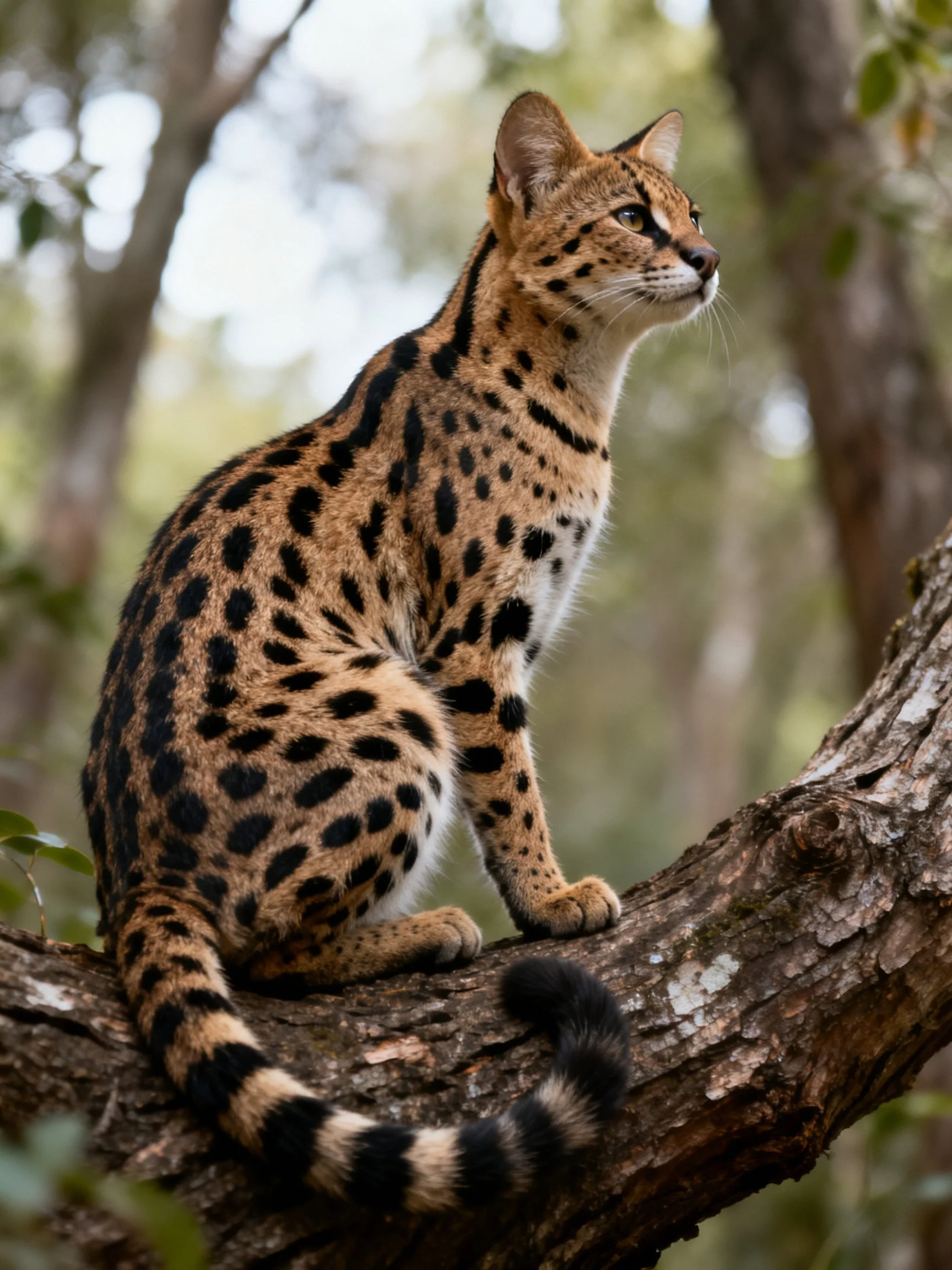 A spotted wild cat perches on a gnarled tree branch