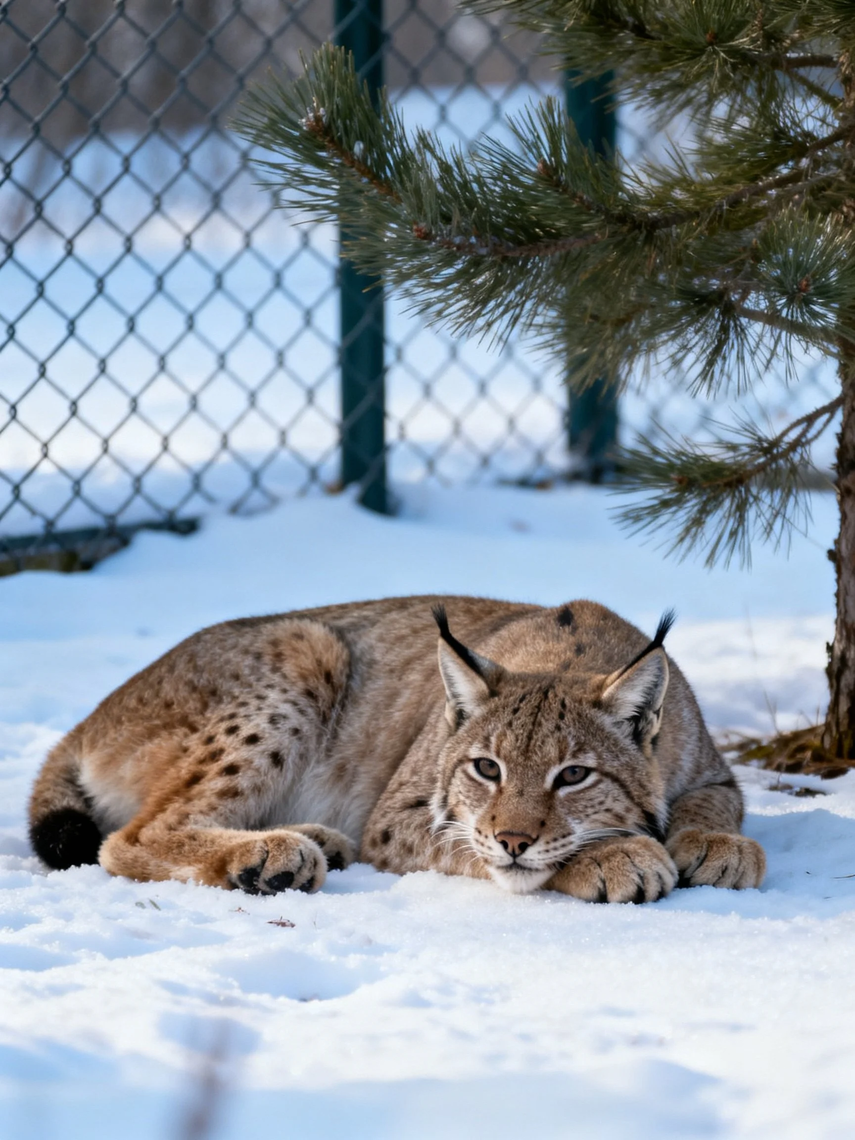 A spotted wild cat lies in a snowy area near an evergreen tree within a fenced enclosure.