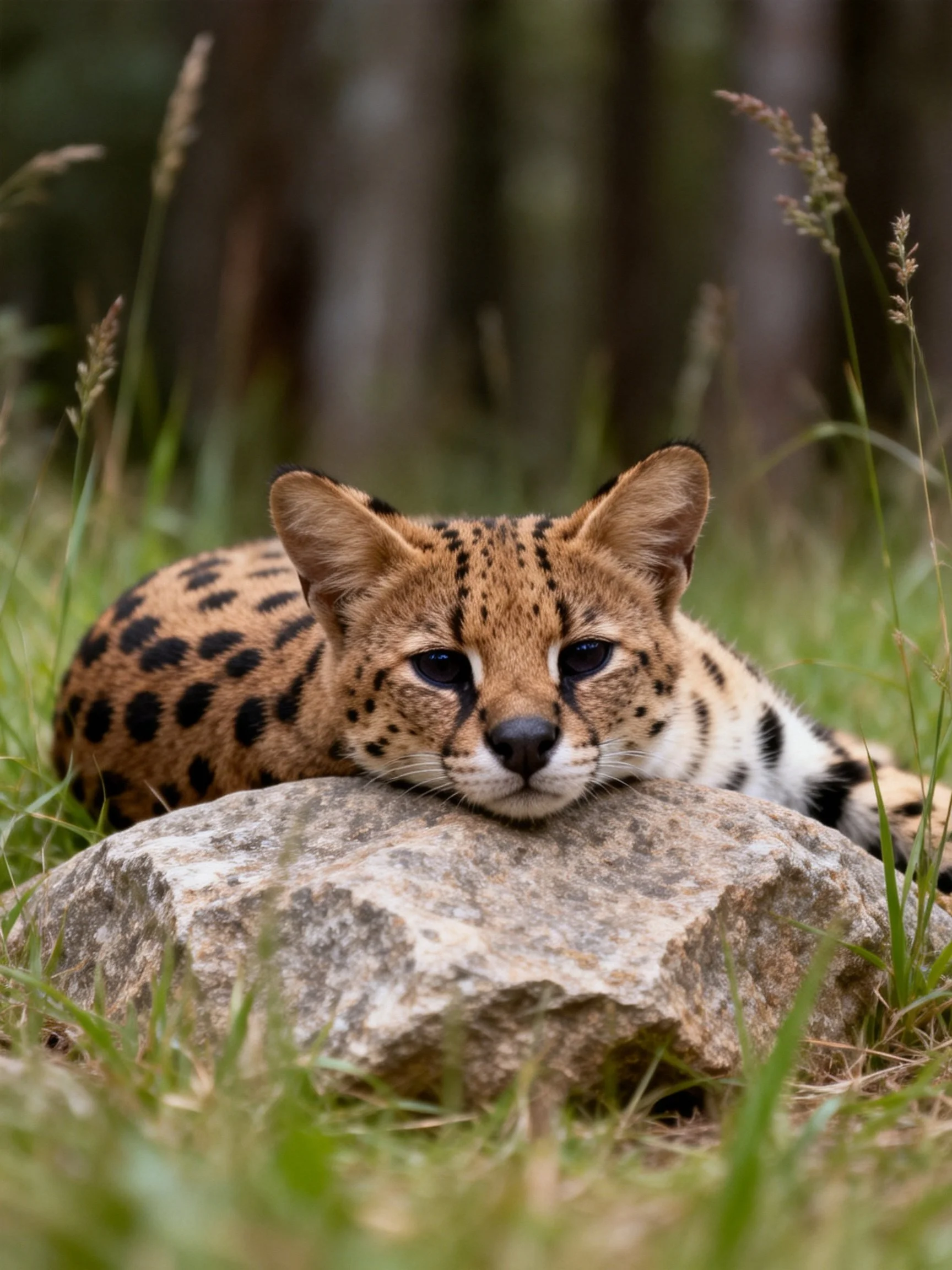A spotted wild cat relaxes on a rock surrounded by tall grass.