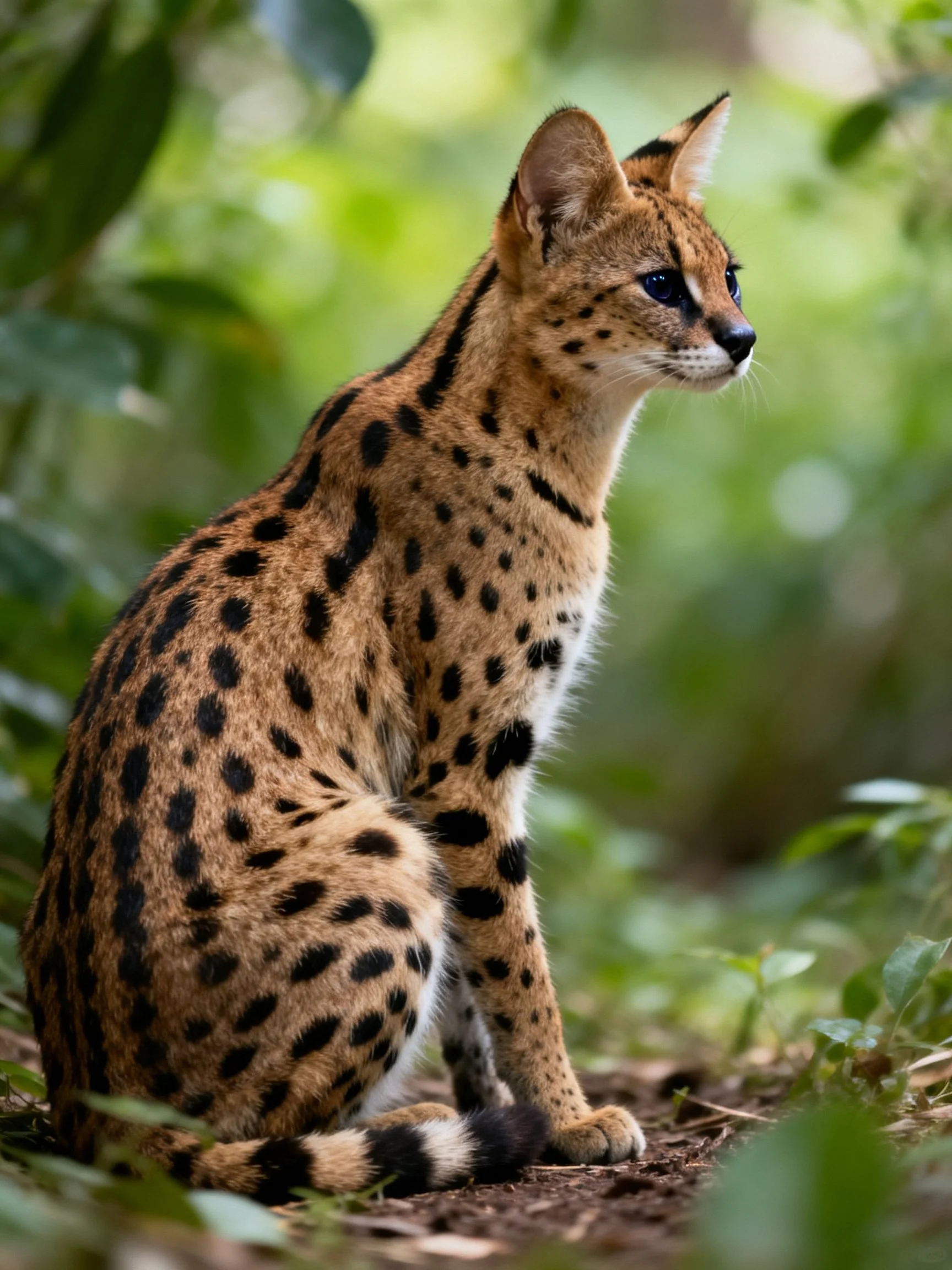 A spotted wild cat sits alert in a verdant, leafy environment