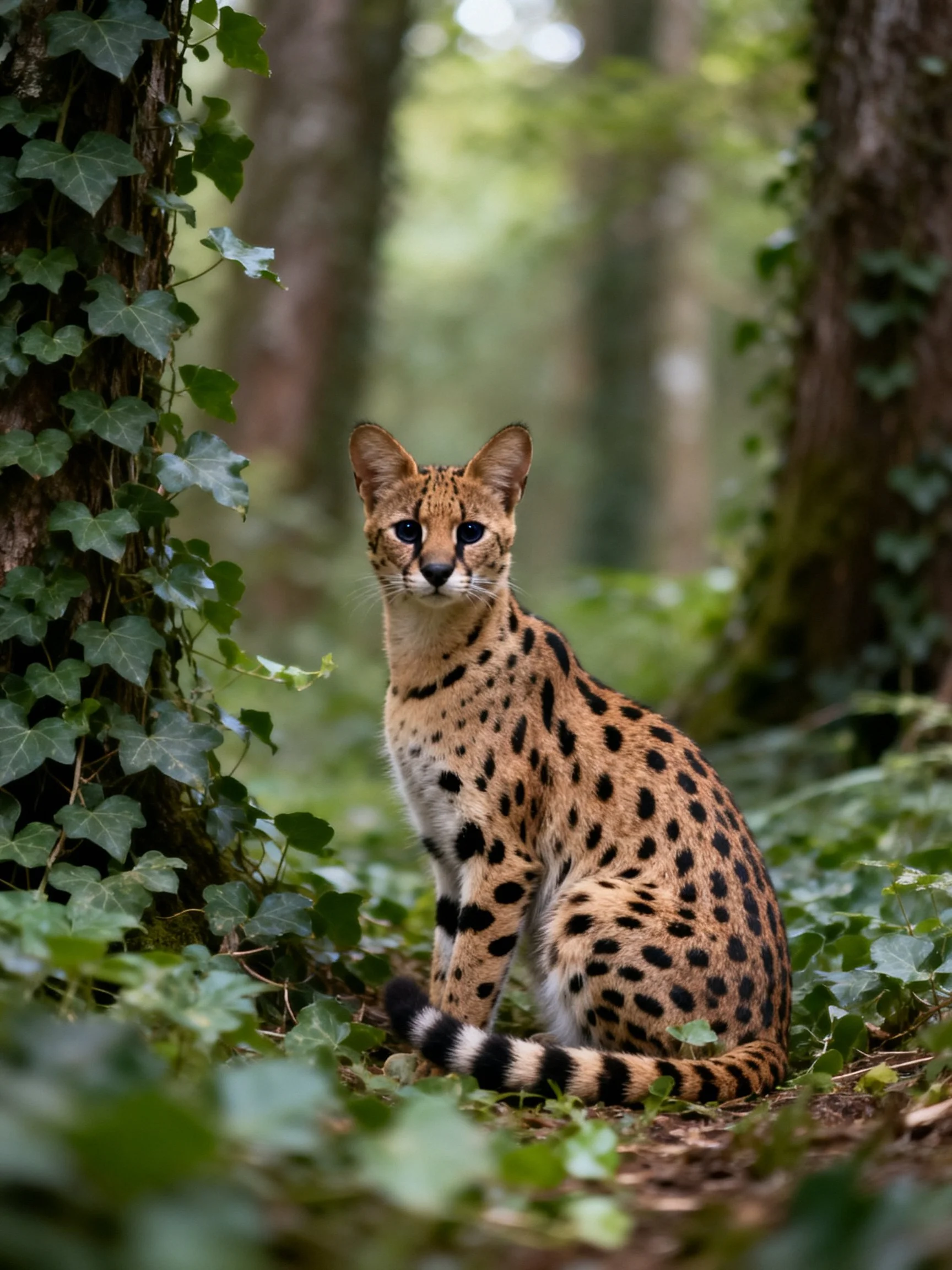 A spotted wild cat sits near tall forest trees