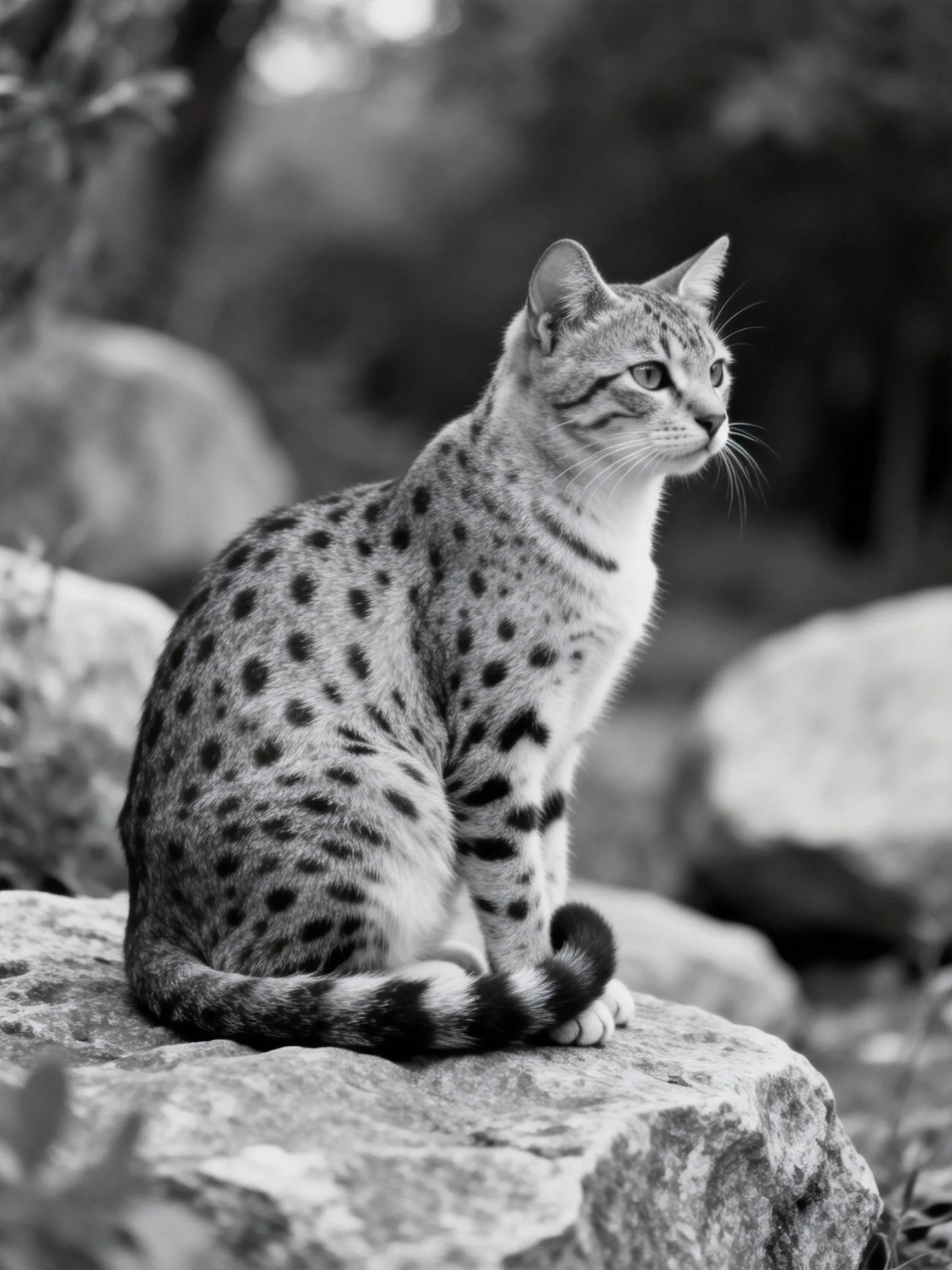 A spotted wild cat sits on a large rock outdoors