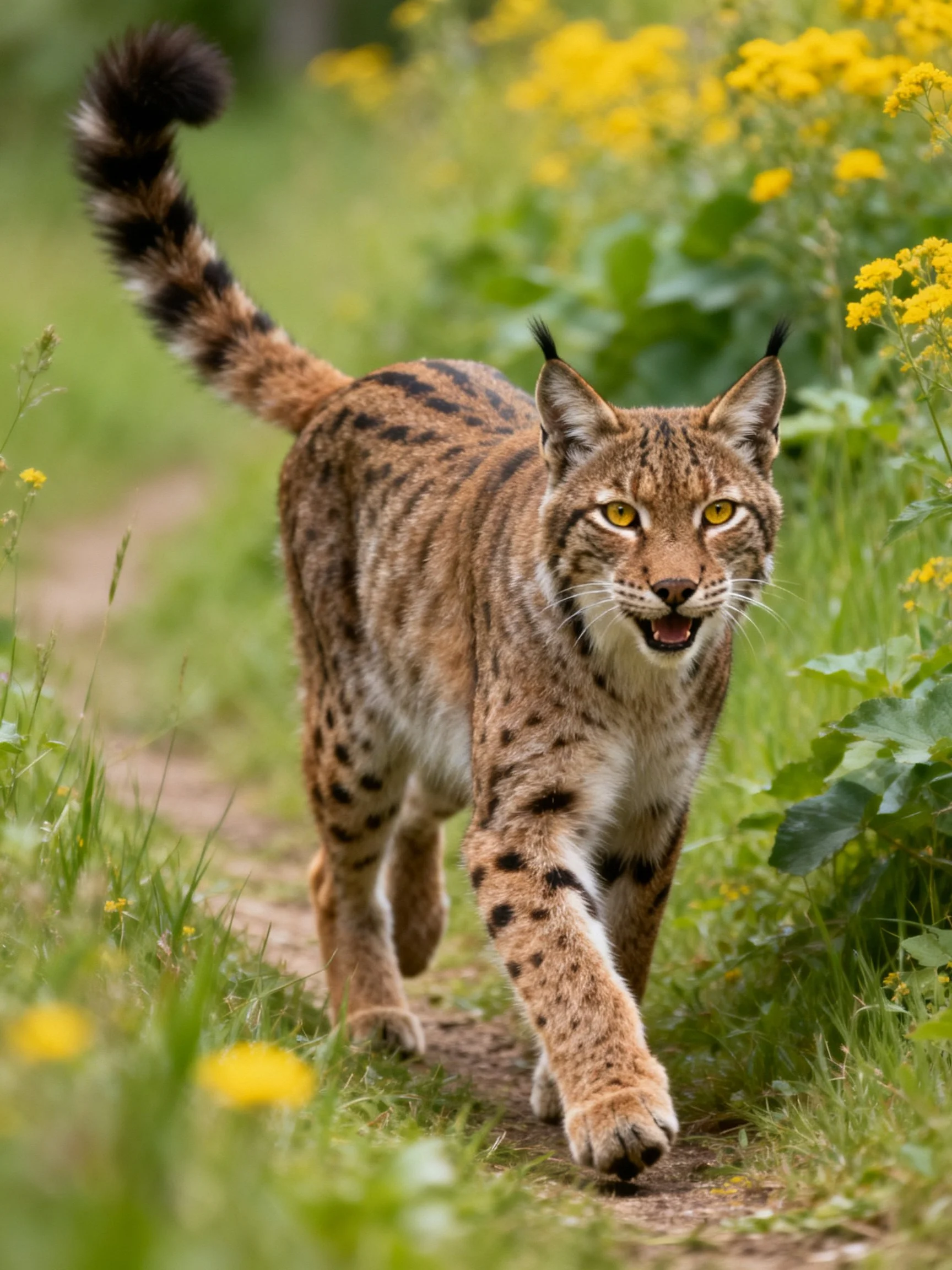 A spotted wildcat walks through vibrant yellow blooms and lush greenery