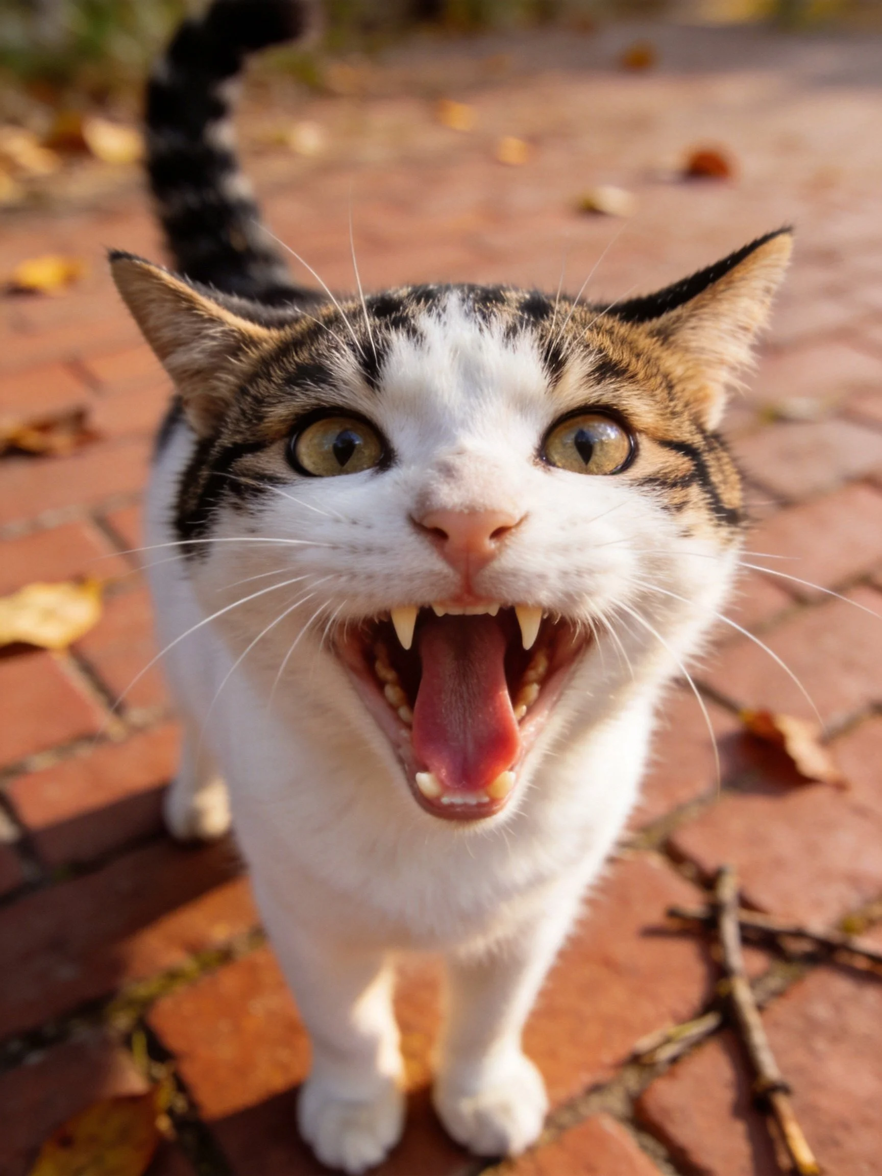 A startled tabby and white cat yawns on a brick pathway with scattered leaves