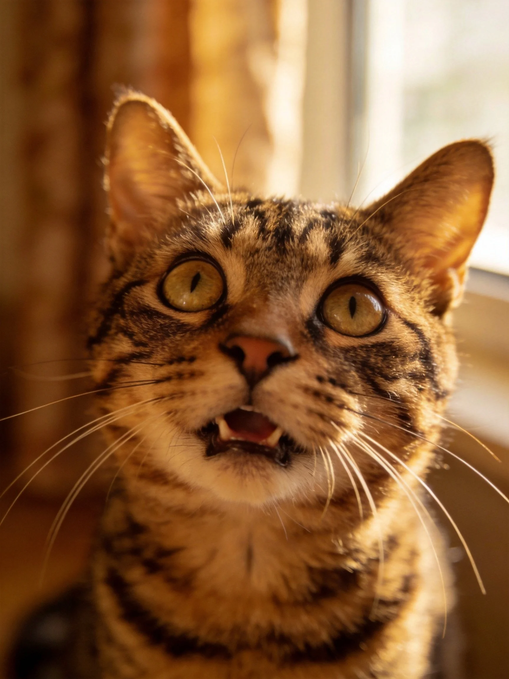 A tabby cat with wide eyes appears startled near a window.