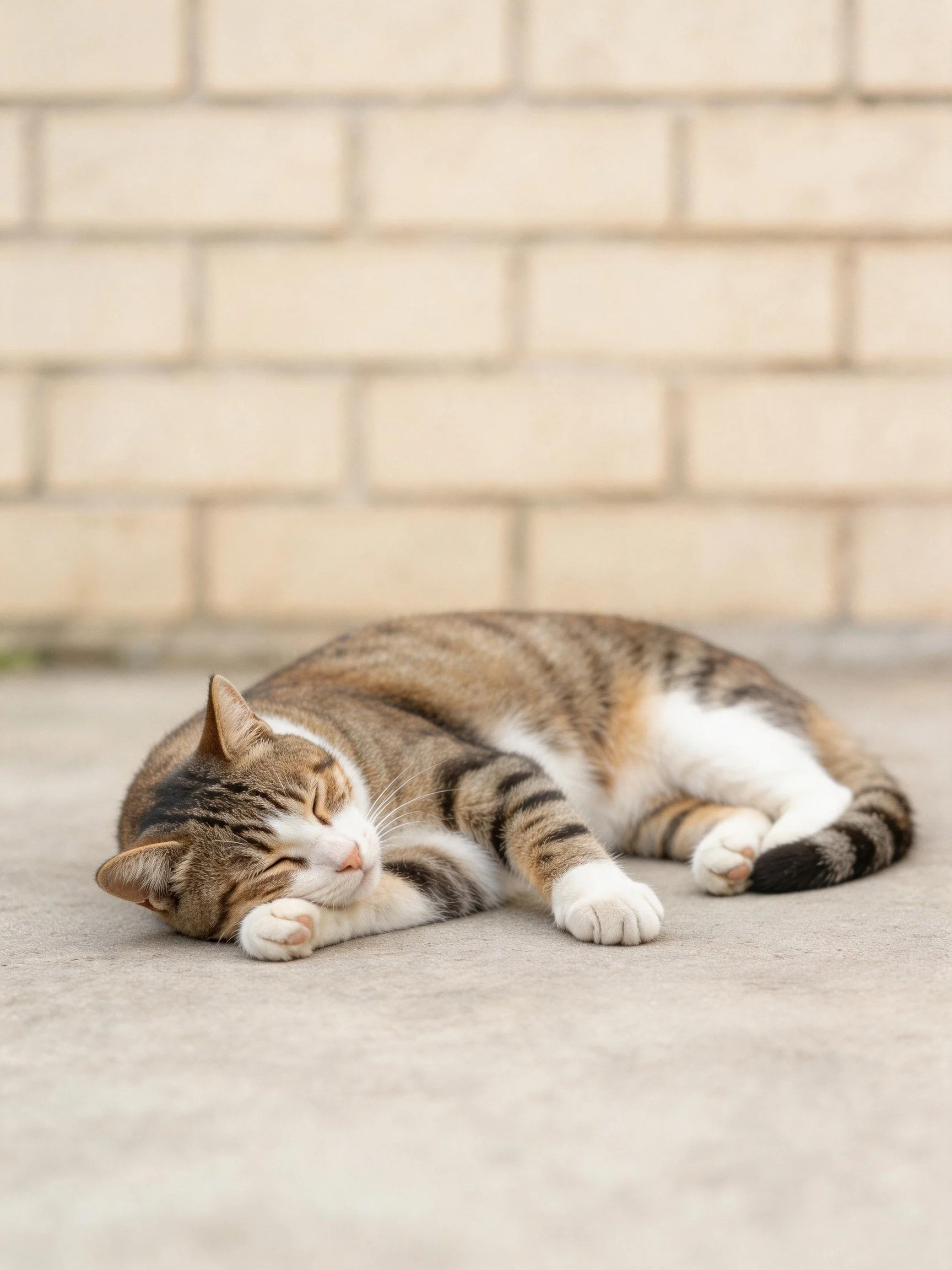 A striped calico cat napping on a concrete surface