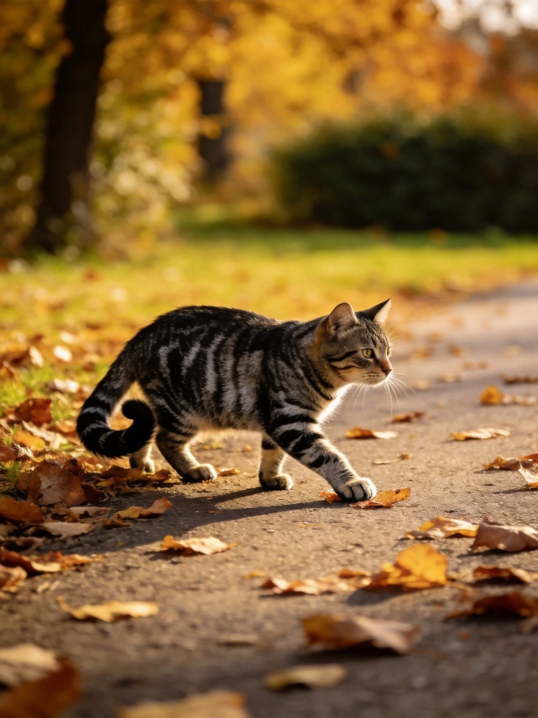 A striped cat explores a leaf - strewn path in golden autumn light