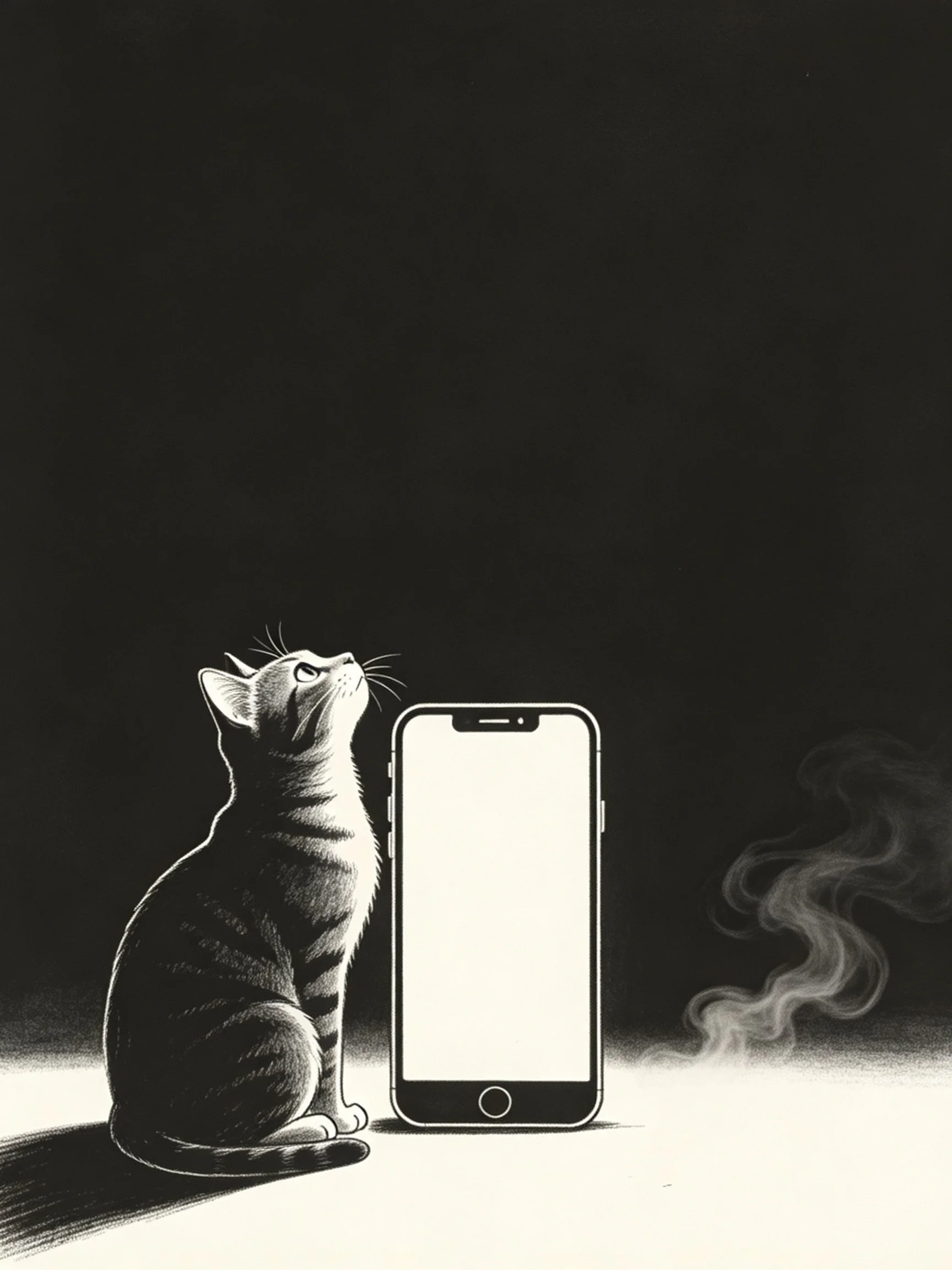 A striped cat gazes upward at a bright smartphone in a dark setting