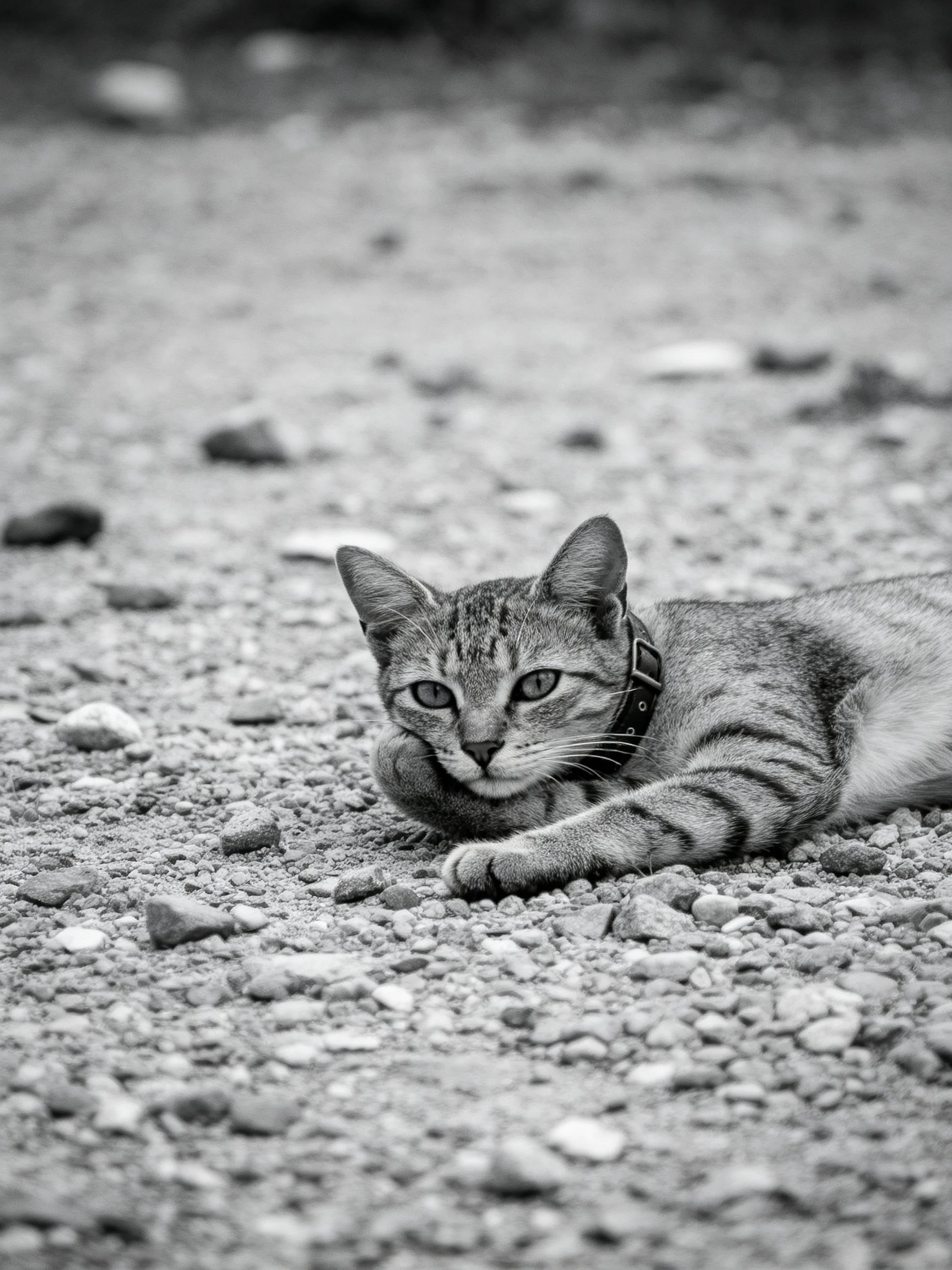 A striped cat rests on a gravel path in monochrome
