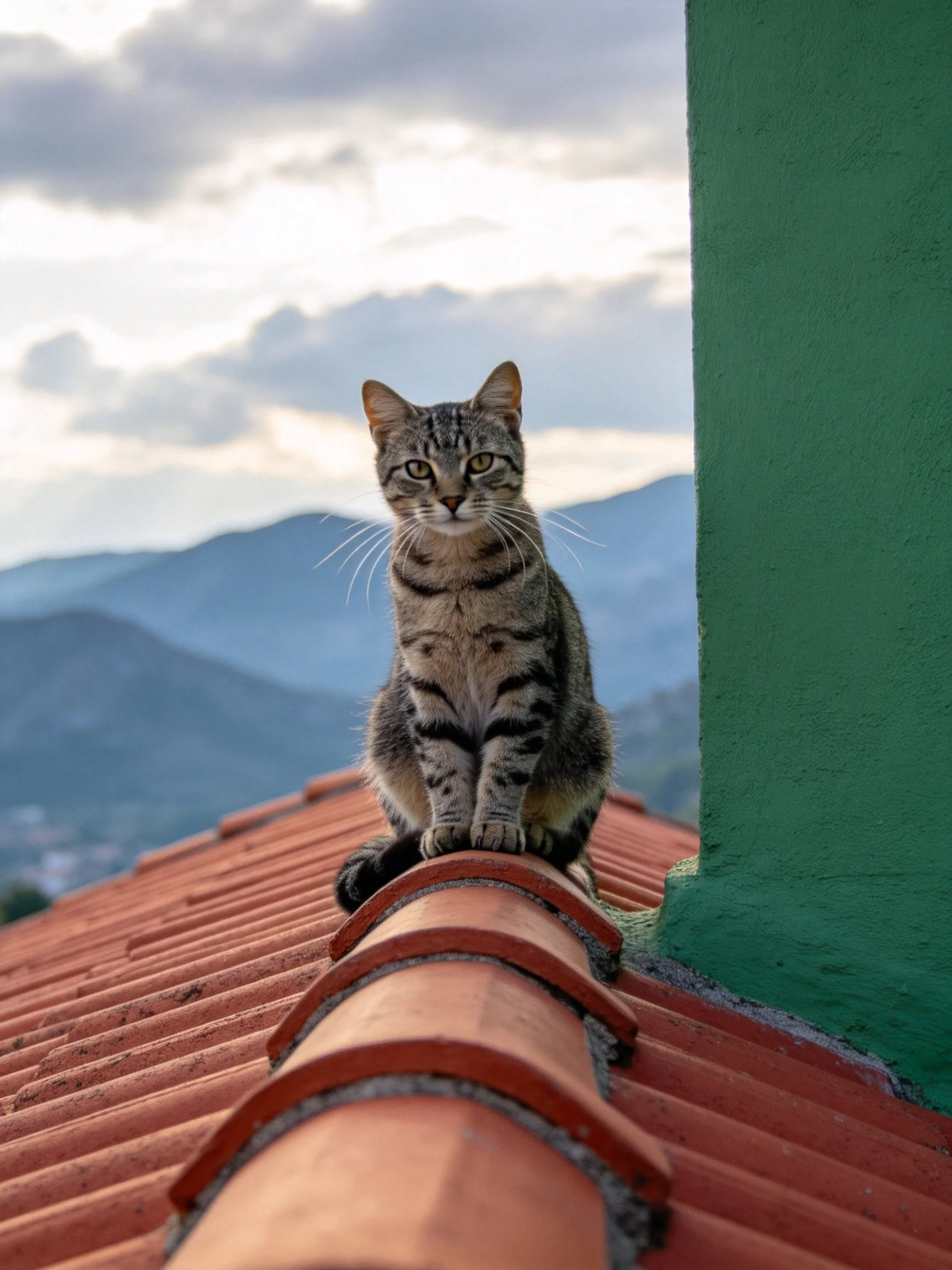A striped cat sits on a terracotta-tiled roof next to a green wall