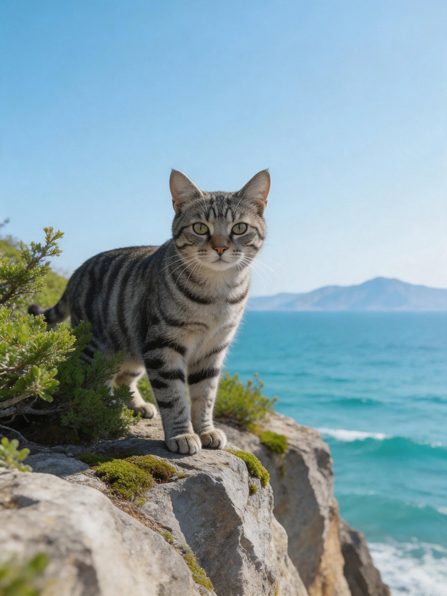 A striped cat stands on a mossy cliffside overlooking turquoise waters