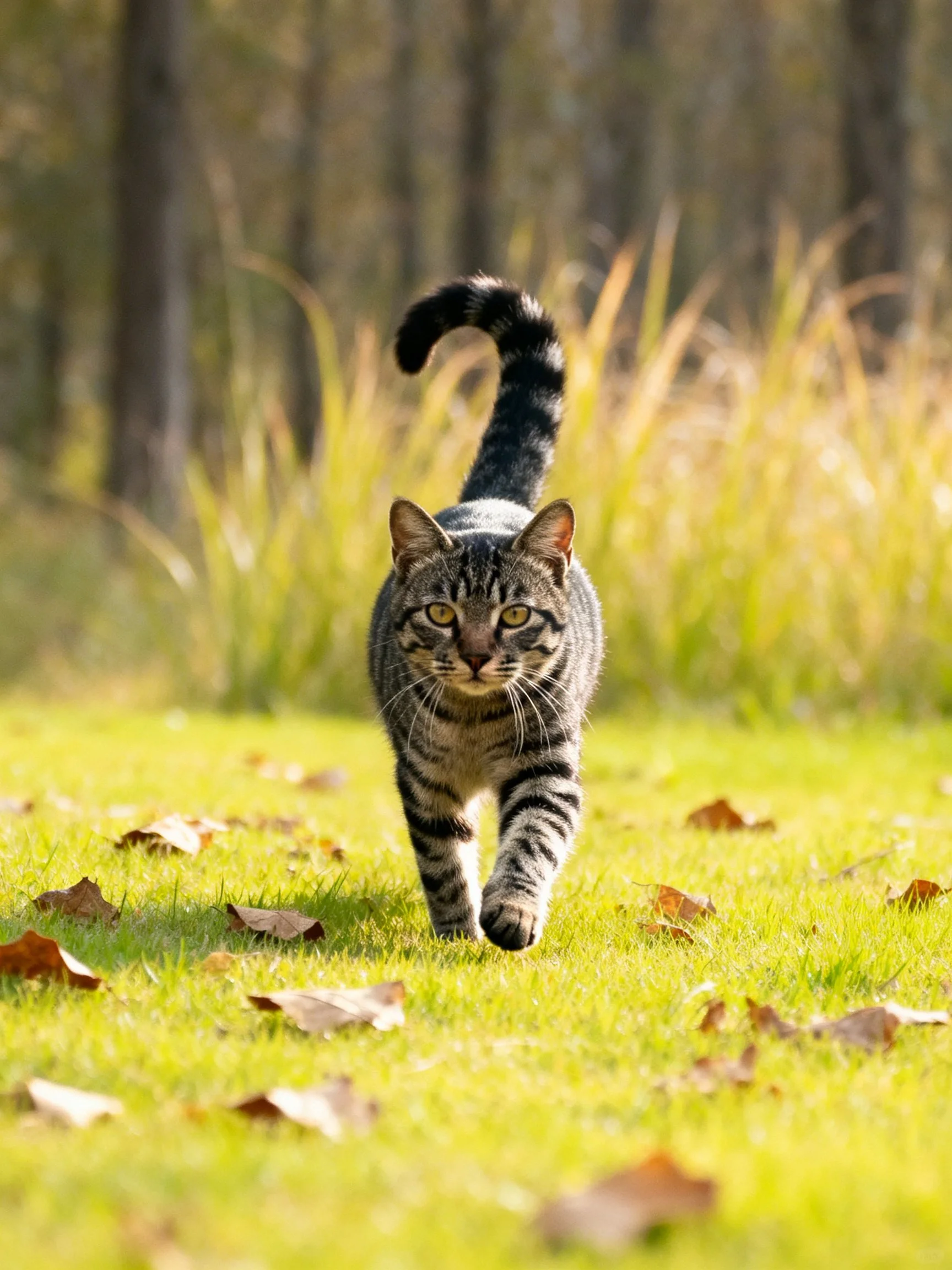 A striped cat walks toward the viewer onsunlit grass with scattered leaves.