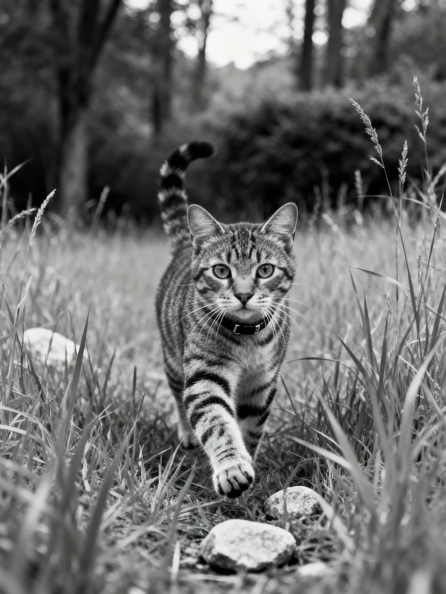 A tabby cat moves toward the viewer among tall grass and scattered rocks.