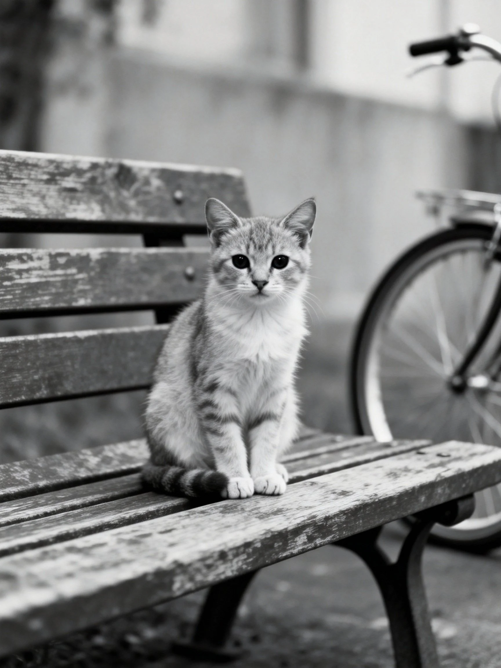 A striped kitten sits on an aged wooden bench near a bicycle