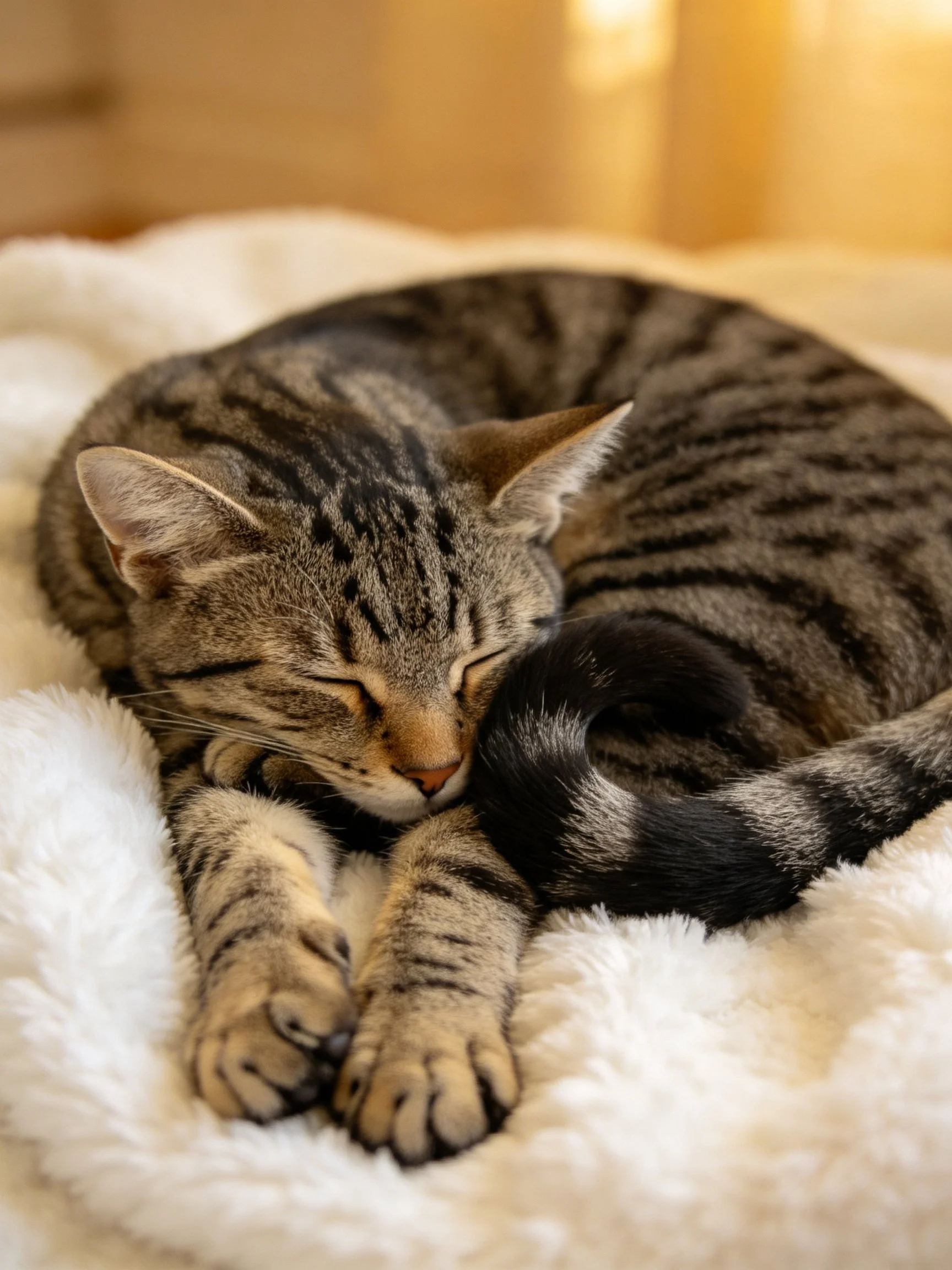 A striped tabby cat curls up asleep on a plush white blanket