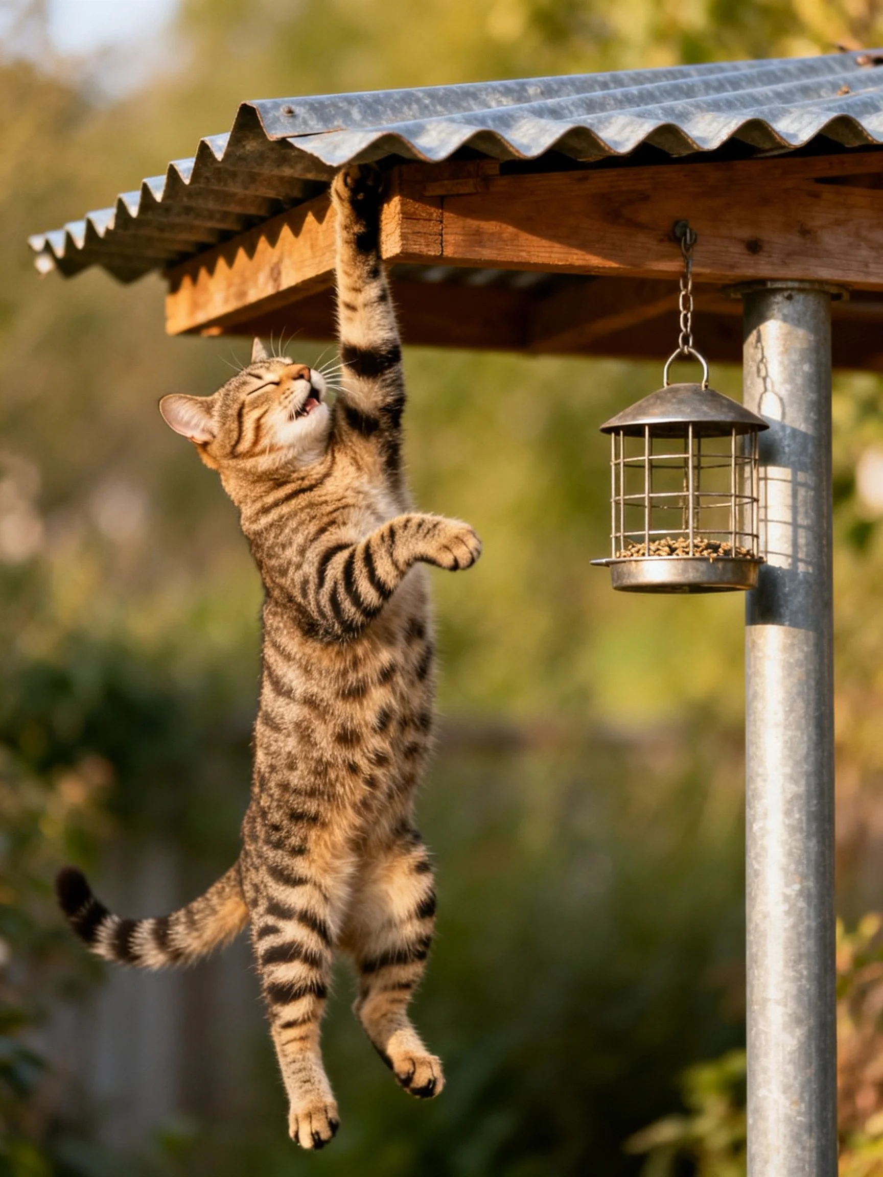 A striped tabby cat leaps toward a wooden shelter with a metal roof
